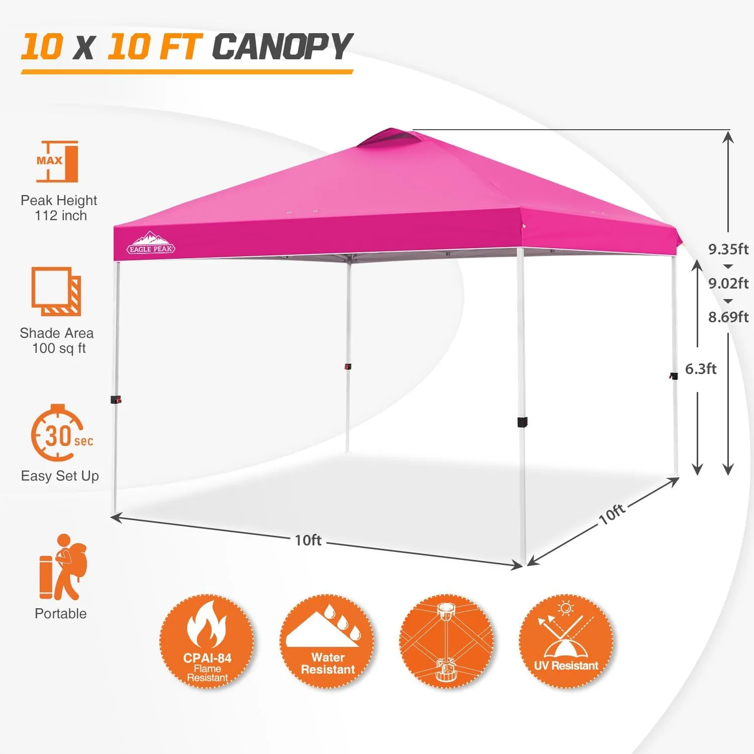 EAGLE PEAK Pop Up Canopy Tent with Wheeled Carry Bag, 8 Stakes, 4 Ropes, 4 Weight Bags, Easy Set Up Tent Canopy, 10x10 ft, 100sqft of Shade, Pink