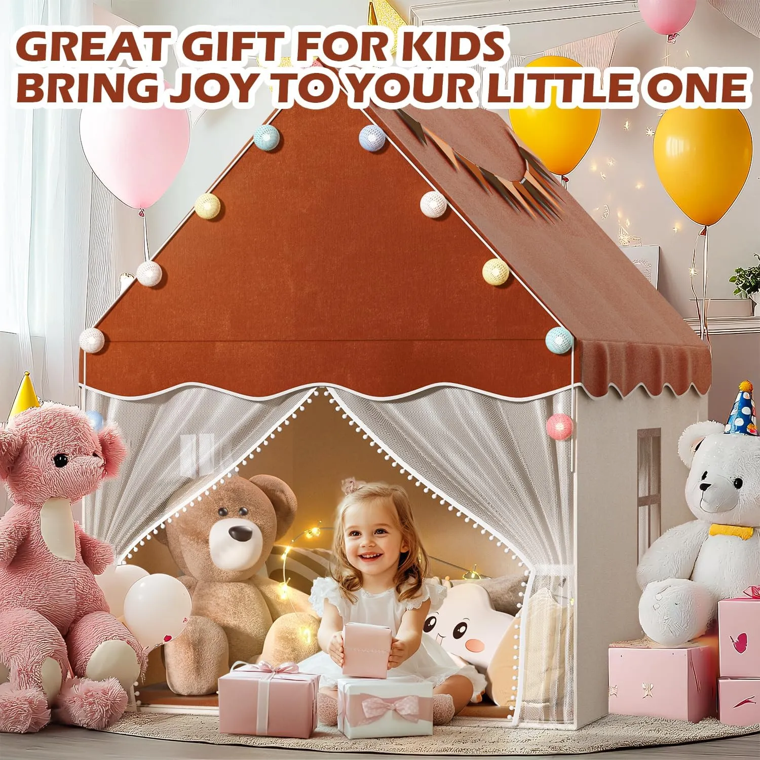 EagleStone Kids Play Tent with Star Light and Padded Mat, Playhouse for Kids, Neutral Color Play Room Furniture, Indoor Bed Tent Gift Toys for Toddle,Boys, Girls, Youth, Teens
