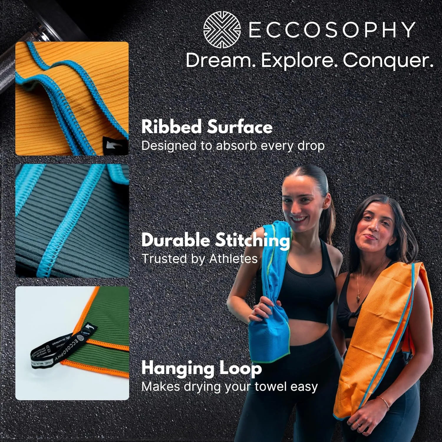 ECCOSOPHY Microfiber Beach Towel – Quick Dry, Highly Absorbent, Lightweight – Ideal for Travel, Pool, Yoga, Fitness & Outdoor Adventures – 71x35 Black
