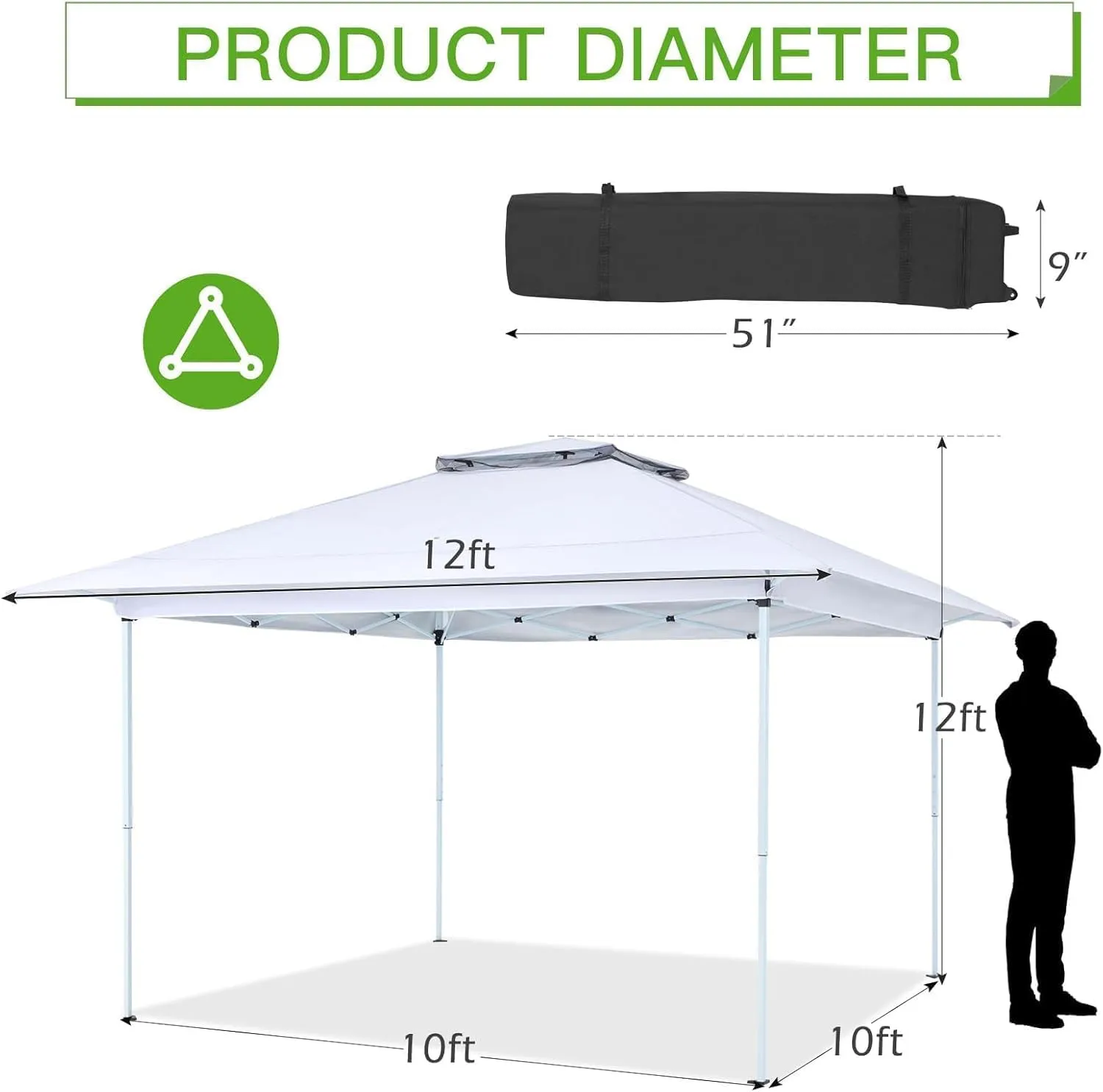 ECOTOUGE Canopy Tent Instant Shelter Canopy with Carrying Roller Bag, Outdoor Party Gazebo with Waterproof and UV Resistant for Parties, Camping, Picnic (White 12FT)