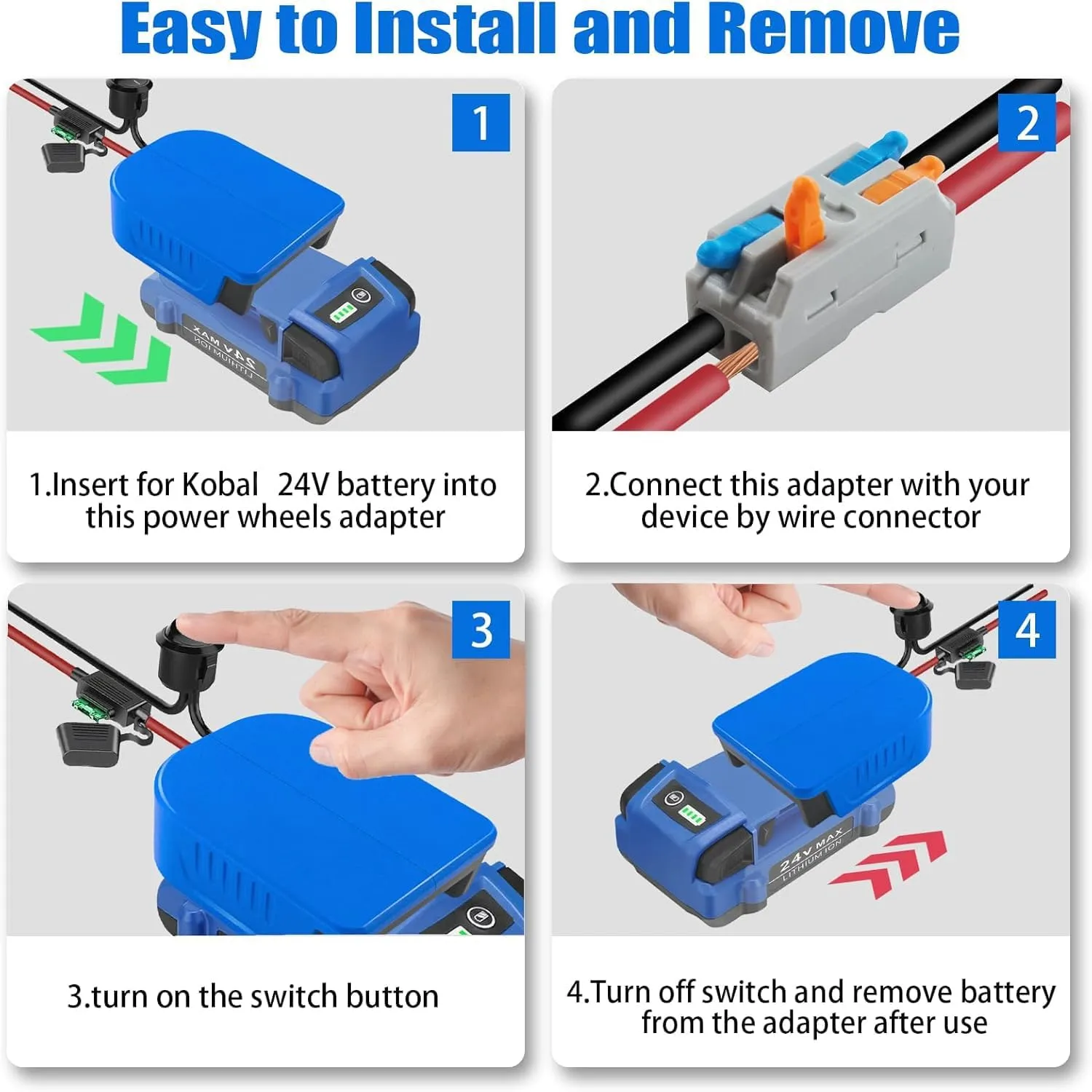 EID 2 Pack for Power Wheel Battery Adapter Fit for Kobalt 24V Battery with Wire Connector, 14 Gauge Wire, 30Amp Fuse and Switch Button, DIY Use for Rc Car, Robotics, Rc Truck, and Work Lights