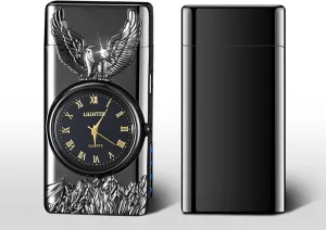 Electric Lighter Double Arc Multifunction Clock Outdoor Flashlight Metal Double Arc USB Charging Gift Box(A)