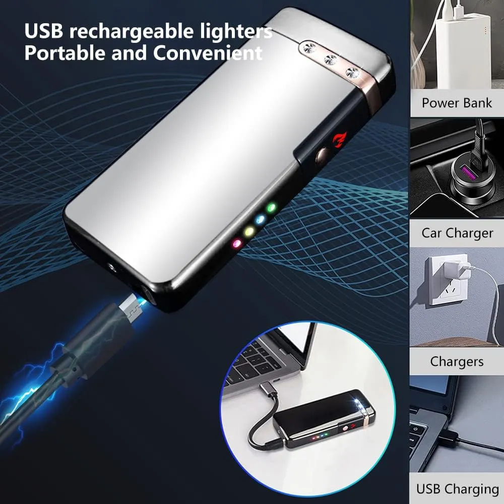 Electric Lighter Rechargeable, RSBYE USB Lighter with LED Battery Indicator Plasma Flame Lighters Windproof Great for Candles, Camping, and Home (Ice Silver)