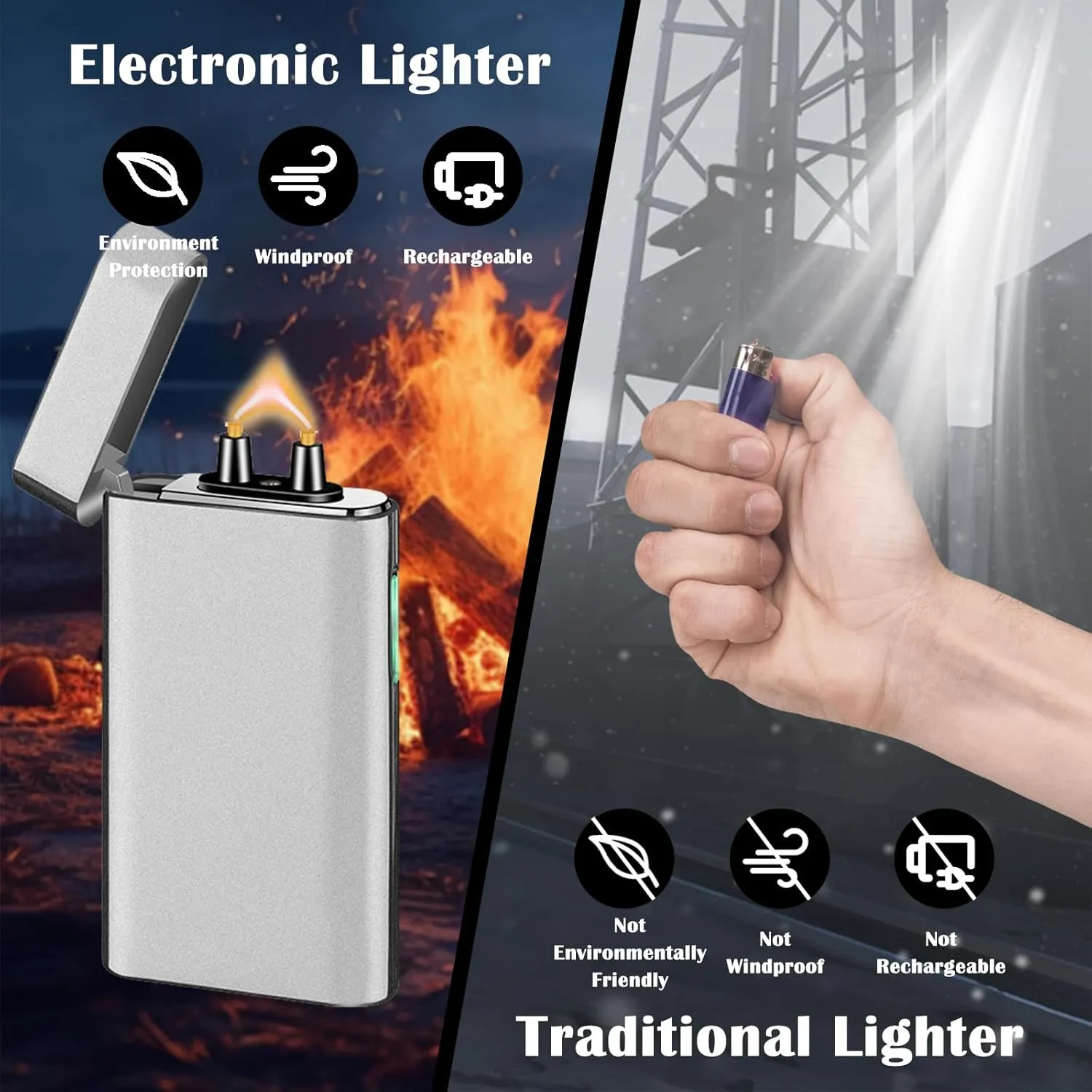 Electric Lighter, USB C Rechargeable Plasma High Power Windproof Flame Lighters for Candles, Camping, and Daily Use (Matte Silver)