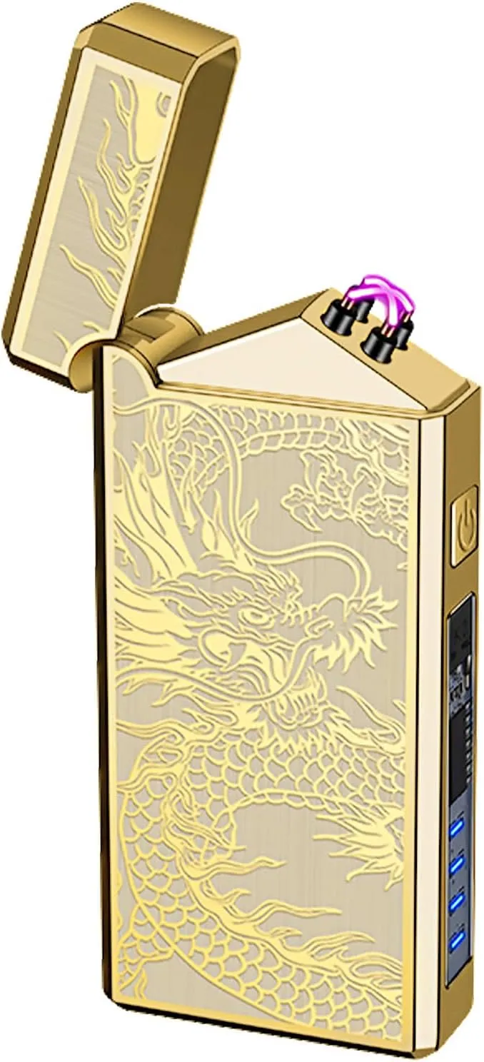Electric Lighter USB Rechargeable Lighter for Candle, Dual Arc Plasma Lighter with LED Power Dislplay, Windproof Pocket Electronic Lighter for Camping(Gold Dragon)