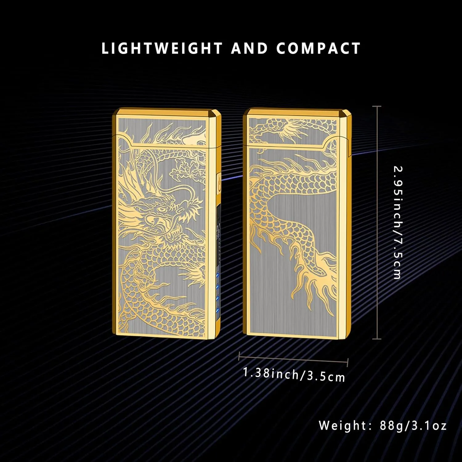 Electric Lighter USB Rechargeable Lighter for Candle, Dual Arc Plasma Lighter with LED Power Dislplay, Windproof Pocket Electronic Lighter for Camping(Gold Dragon)