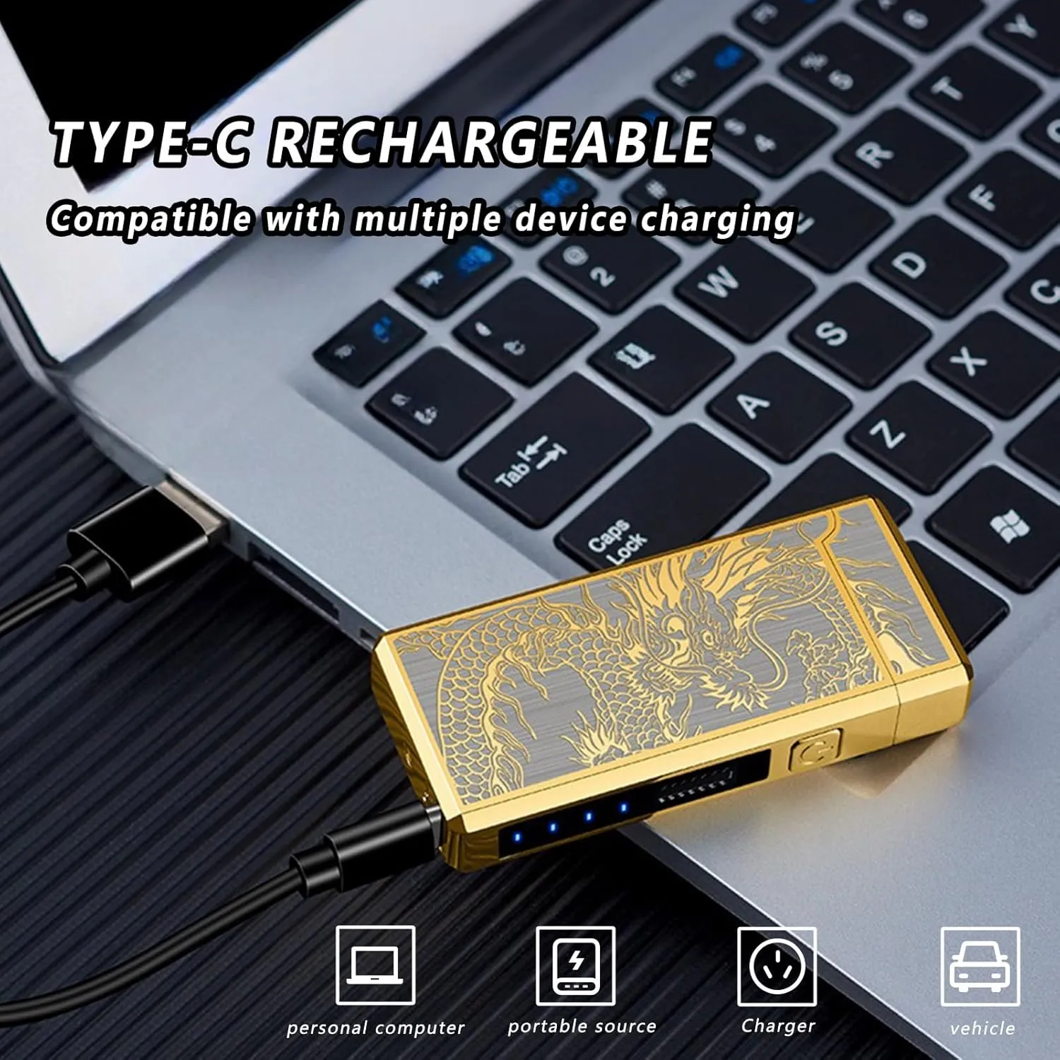 Electric Lighter USB Rechargeable Lighter for Candle, Dual Arc Plasma Lighter with LED Power Dislplay, Windproof Pocket Electronic Lighter for Camping(Gold Dragon)