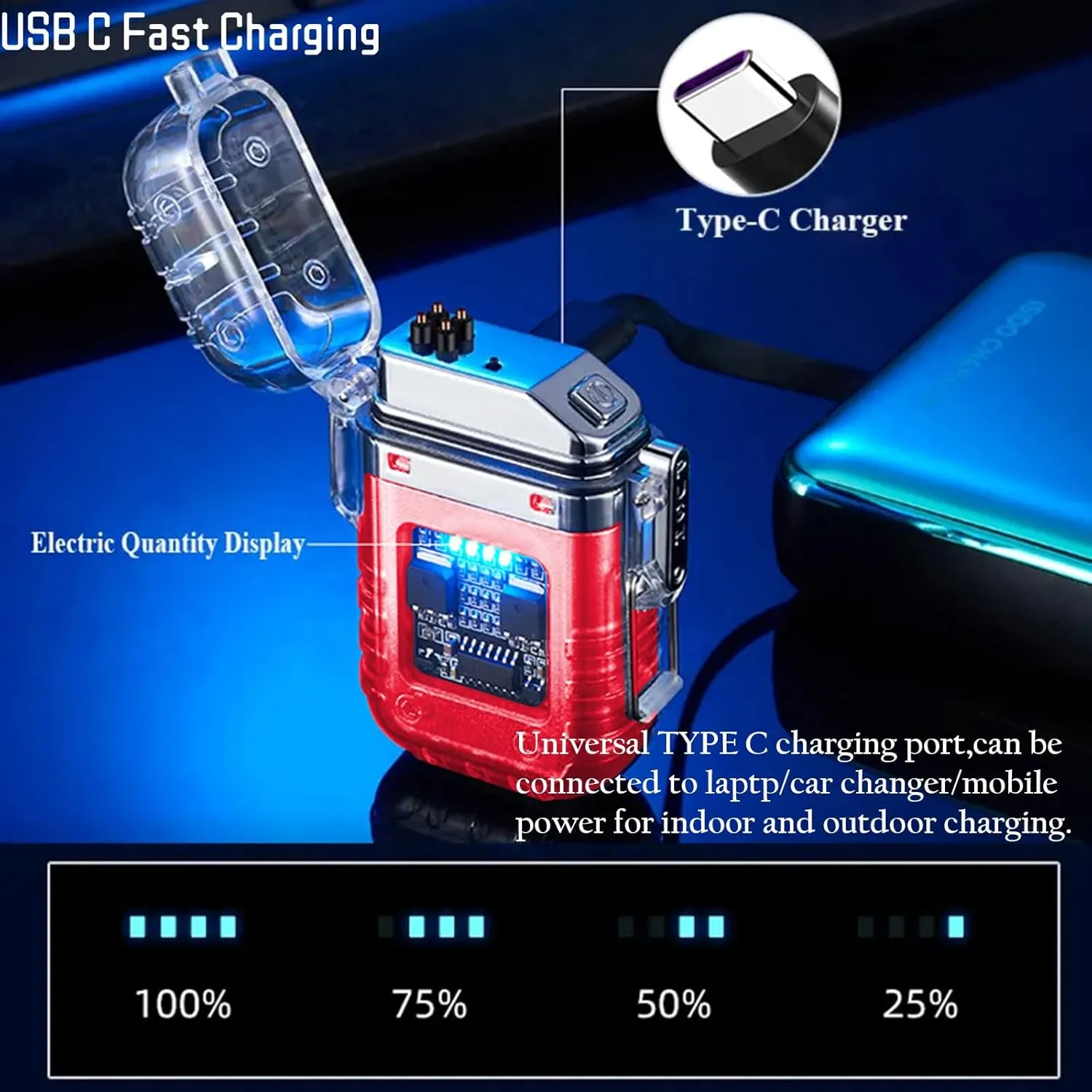 Electric Lighter Waterproof Transparent Plasma Arc Lighter with LED Battery Indication Type C Rechargeable Lighter Outdoor Windproof Lighter for Camping,Candle (Red)