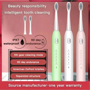 Electric Toothbrush USB Rechargeable with Replacement Toothbrush Heads 5 Modes Washable Ultrasonic Whitening Tooth Brush for Adult (Color : Pink)