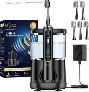 Electric Toothbrush with Water Flosser Combo in One, Professional Flossing Toothbrush for Teeth Cleaning and Flossing, Plaque Removal,Rechargeable with 5 Replacement Brush Heads