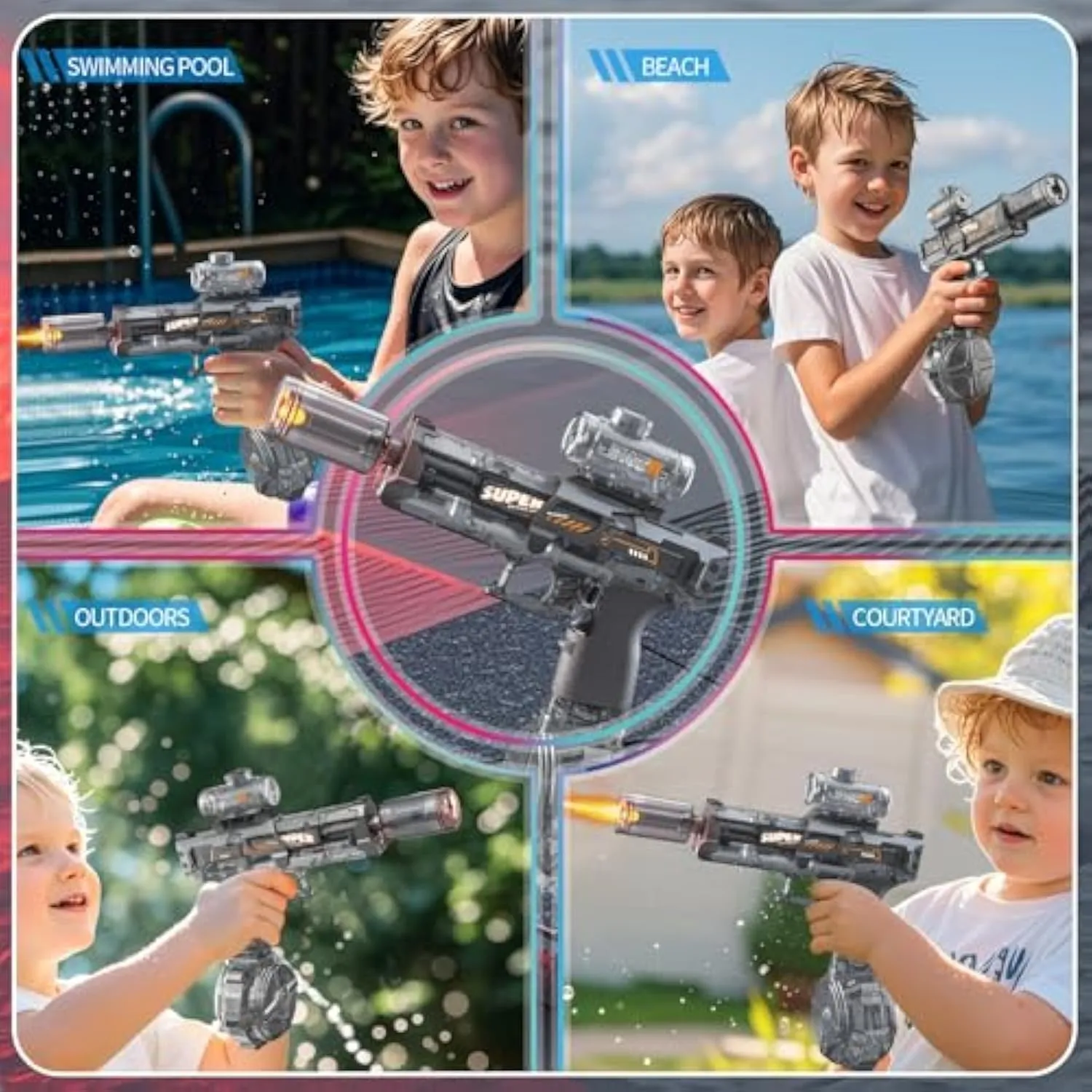 Electric Water 𝐆𝐮𝐧 for Adults 𝐊𝐢𝐝𝐬, Automatic High Power Water Squirt 𝐆𝐮𝐧, Large Capacity, LED Light, Large Long Range 26-32 FT, Summer Outdoor Pool Beach Party 𝐓𝐨𝐲𝐬 (Blue)