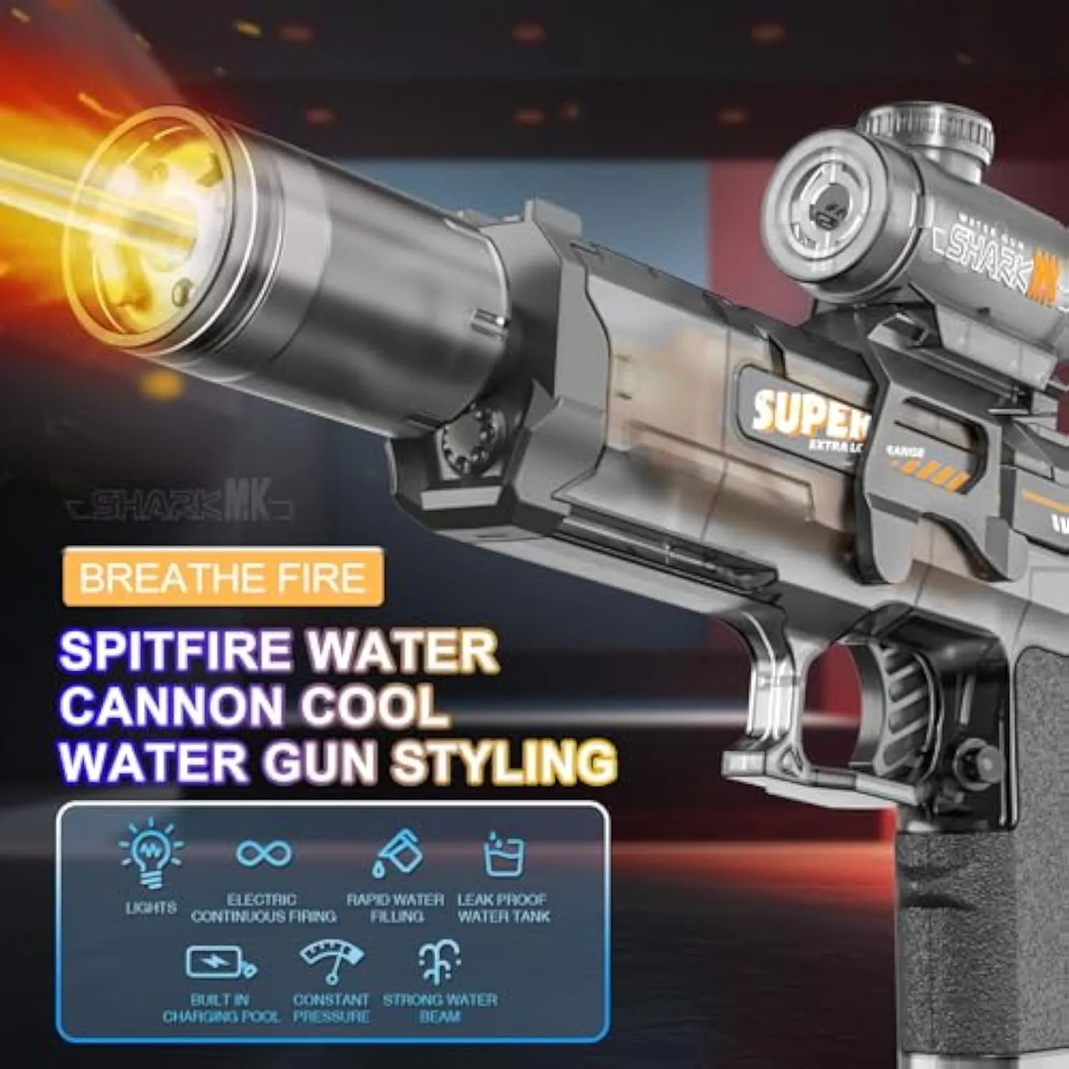 Electric Water 𝐆𝐮𝐧 for Adults 𝐊𝐢𝐝𝐬, Automatic High Power Water Squirt 𝐆𝐮𝐧, Large Capacity, LED Light, Large Long Range 26-32 FT, Summer Outdoor Pool Beach Party 𝐓𝐨𝐲𝐬 (Blue)