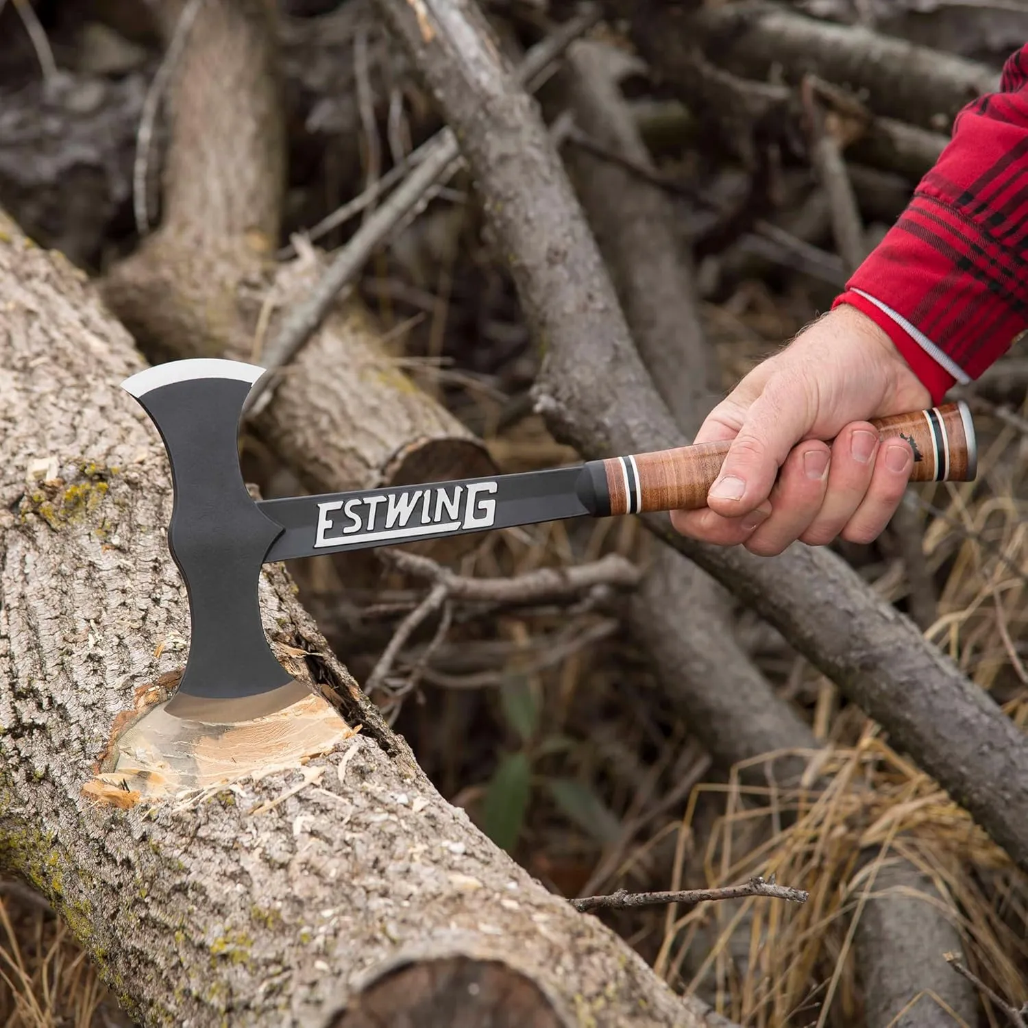 Estwing - Drake Off Road Tools Double Bit Axe - 38 oz Wood Spitting Tool with Forged Steel Construction & Shock Reduction Grip - EDBA Leather