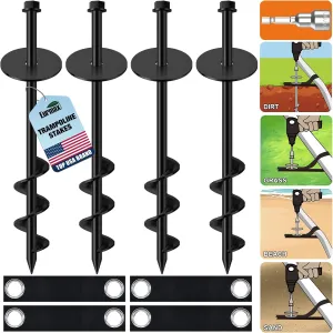 Eurmax USA Ground Anchors Screw in Trampoline Anchors High Wind Tent Stakes Heavy Duty Ground Stakes Trampoline Stakes Anchor Kit Set of 4 Bonus 4 Strong Belt (Black)