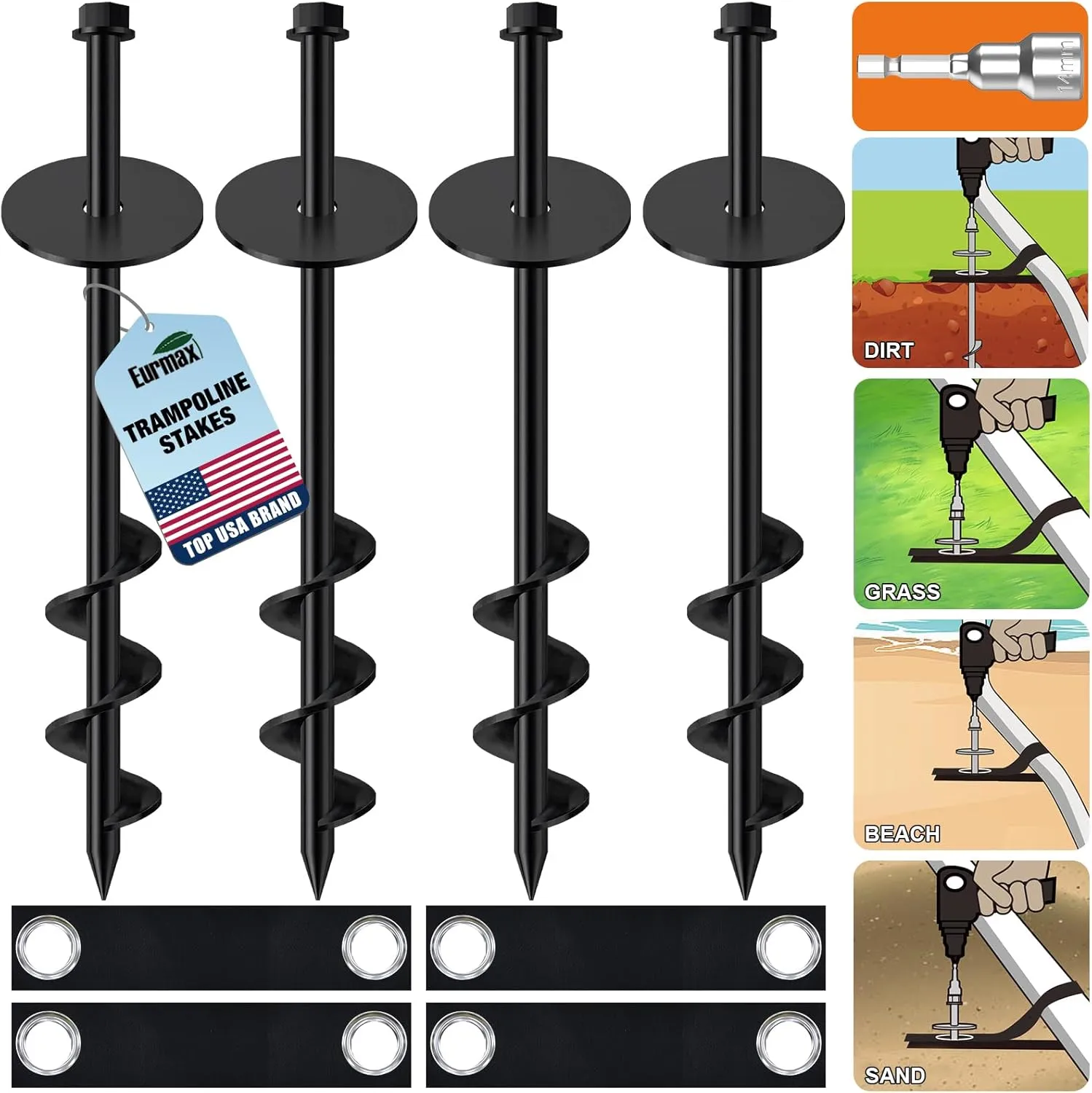 Eurmax USA Ground Anchors Screw in Trampoline Anchors High Wind Tent Stakes Heavy Duty Ground Stakes Trampoline Stakes Anchor Kit Set of 4 Bonus 4 Strong Belt (Black)