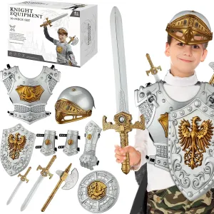 Eurzom 10 Pcs Knight Armor Set for Kids Medieval Costume with Helmet Sword Weapons Accessories for Cosplay Party Dress up