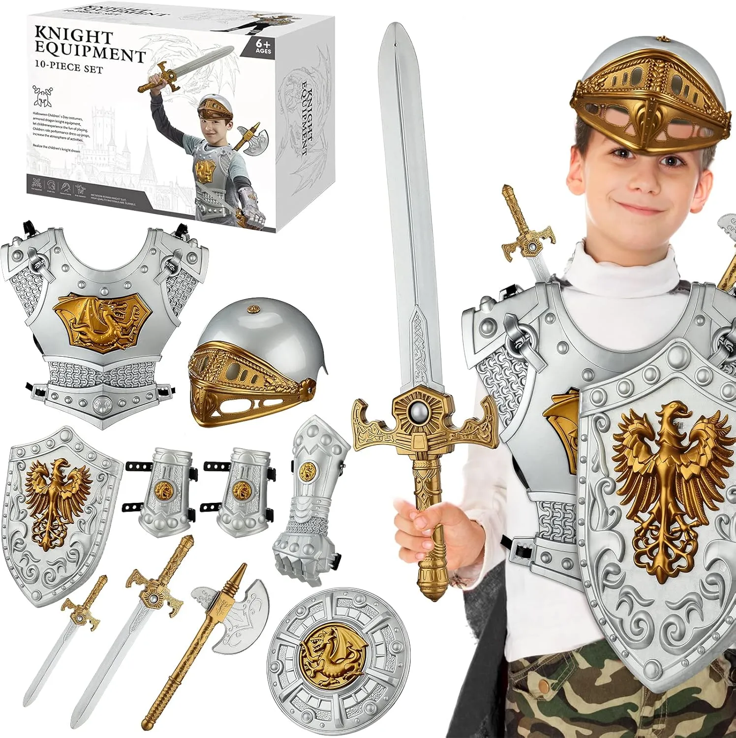Eurzom 10 Pcs Knight Armor Set for Kids Medieval Costume with Helmet Sword Weapons Accessories for Cosplay Party Dress up