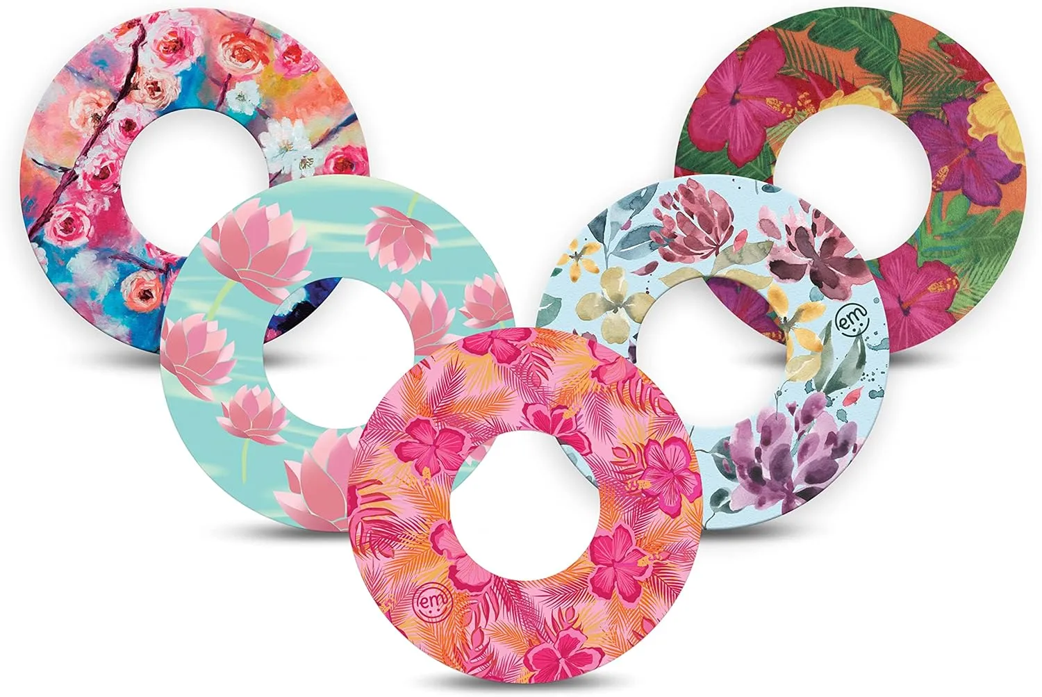 ExpressionMed - Adhesive Patch for Libre 2 and Lingo (5-Pack) - Made in The USA, Waterproof, Split Backing, CGM Tape (Colorful Floral Variety Pack)