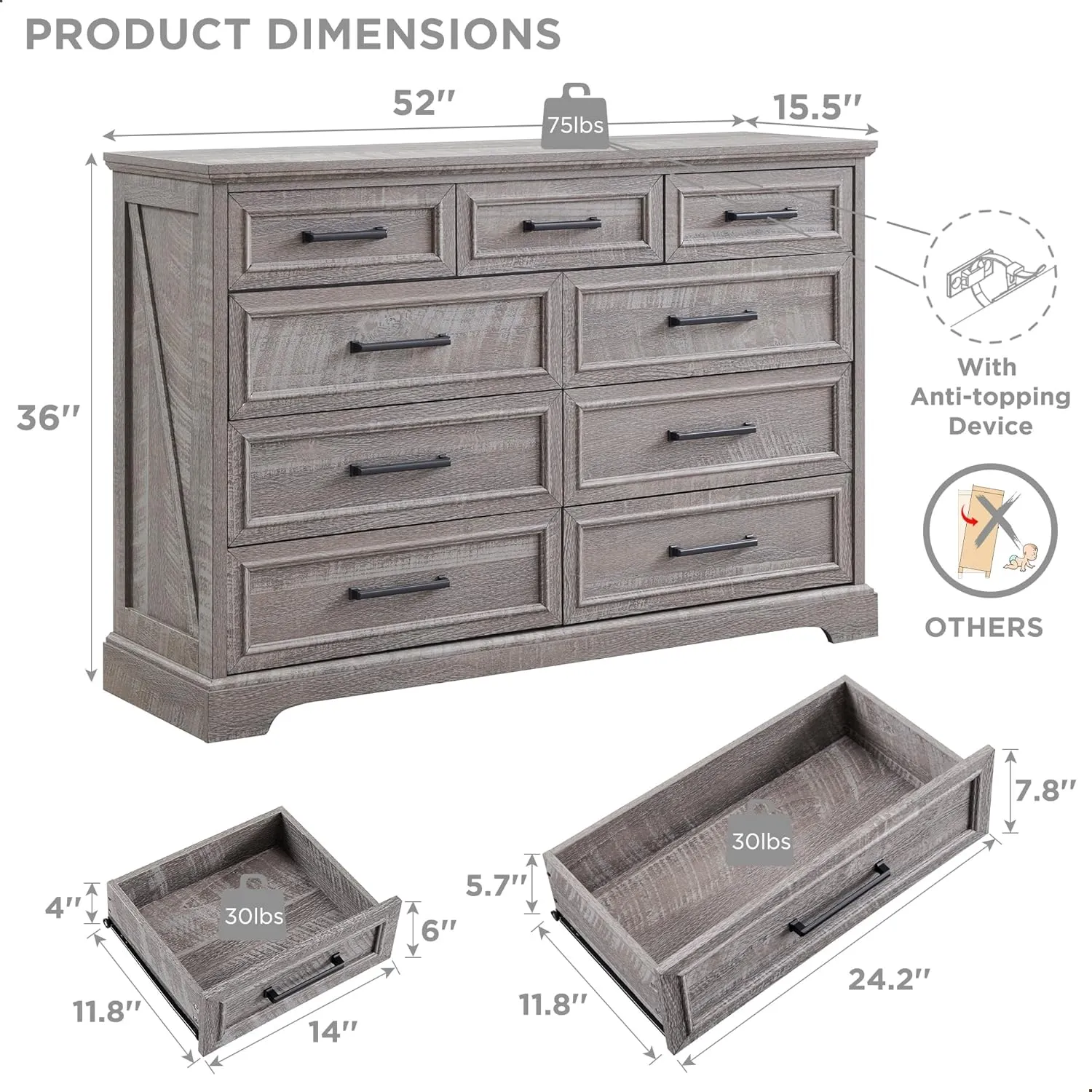 Farmhouse 9 Drawer Dresser for Bedroom, 36 Inch Tall Modern Dresser TV Stand with Large Drawers & Bar Handles, Rustic Wood Chest of Drawers for Bedroom, Living Room, Hallway, Grey