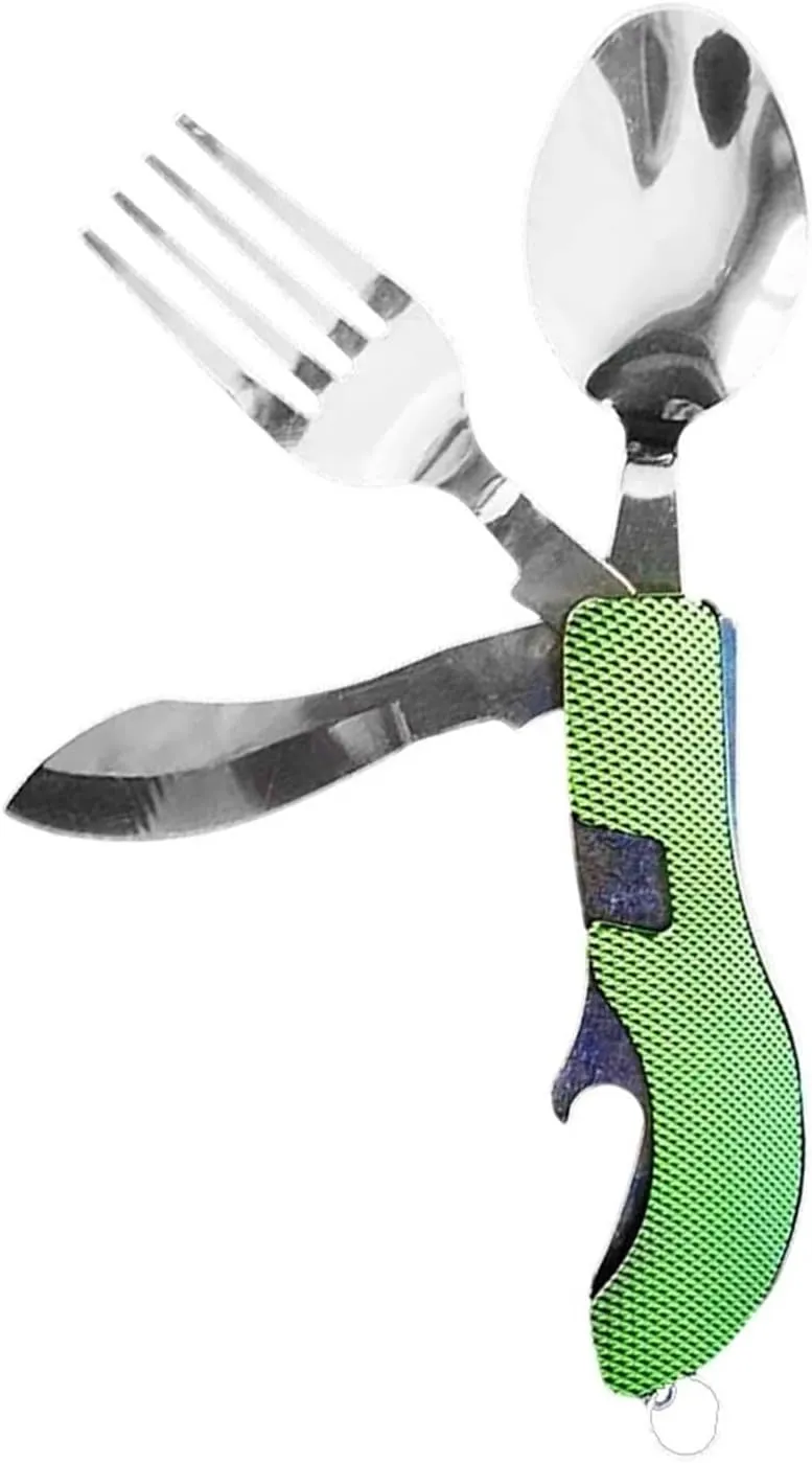 Foldable Tableware Spoon Fork 4-In-1 Tablespoon Stainless Steel Bottle Opener Outdoor Camping Portable Tableware Set(Green)