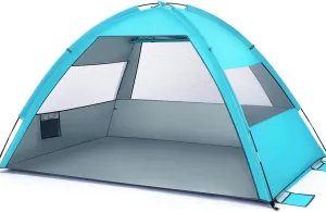 Folding Beach Tent for 3-4 Person Family Camping Sun Shade Canopy with UPF 50  Uv Protection Mesh Windows Storage Bags