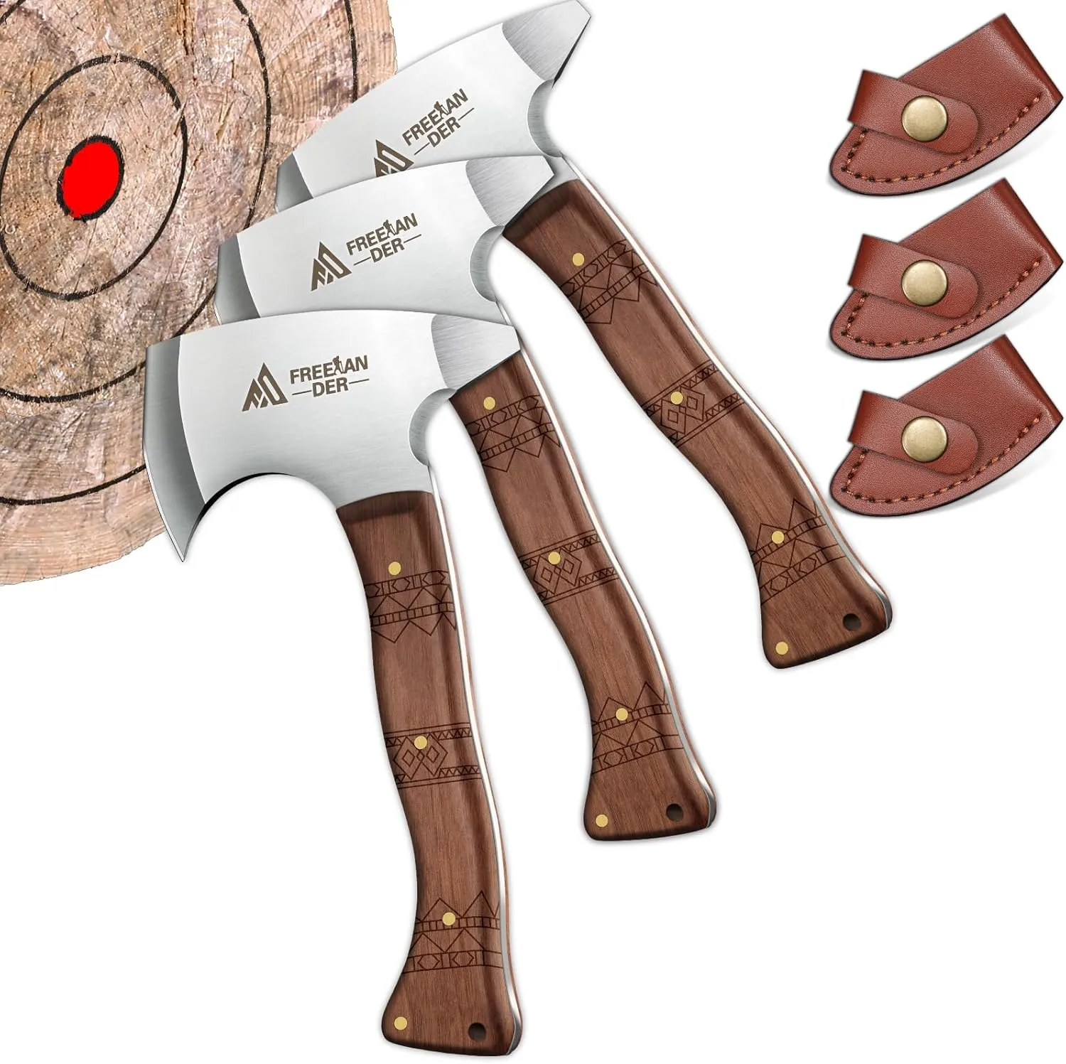 Freelander 8.3" Professional Throwing Axes and Tomahawks 3 Pack, Viking Axe Set with Leather Sheath, High Carbon Stainless Steel Throwing Hatchet for Adults, Axe Throwing Game for Backyard