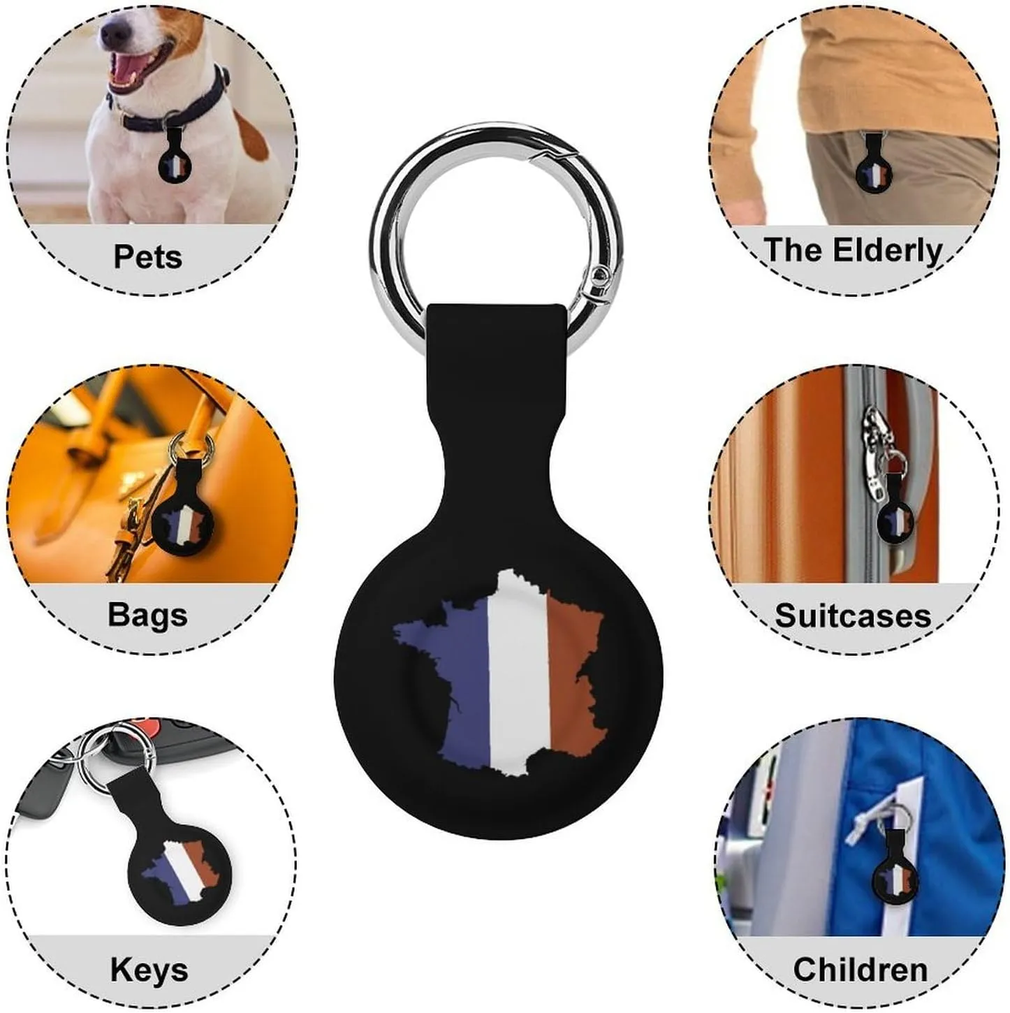 French Map Flag Fashion Cover Compatible with AirTag Holder Case with Keychain Anti-Scratch for Pet Luggage