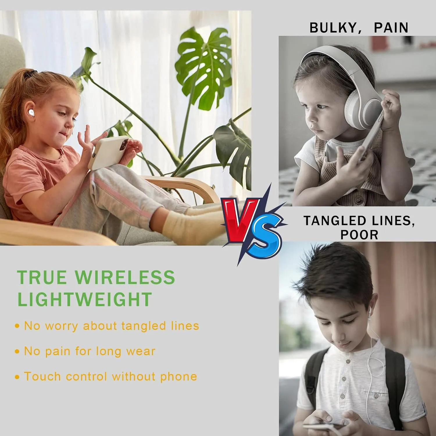 Frog Wireless Earbuds for Kids - 85dB Volume Limit, 30H Playtime, Bluetooth Headphones with Mic, Fast Charging, Small Ear Buds for iPad/Tablet/Travel/School
