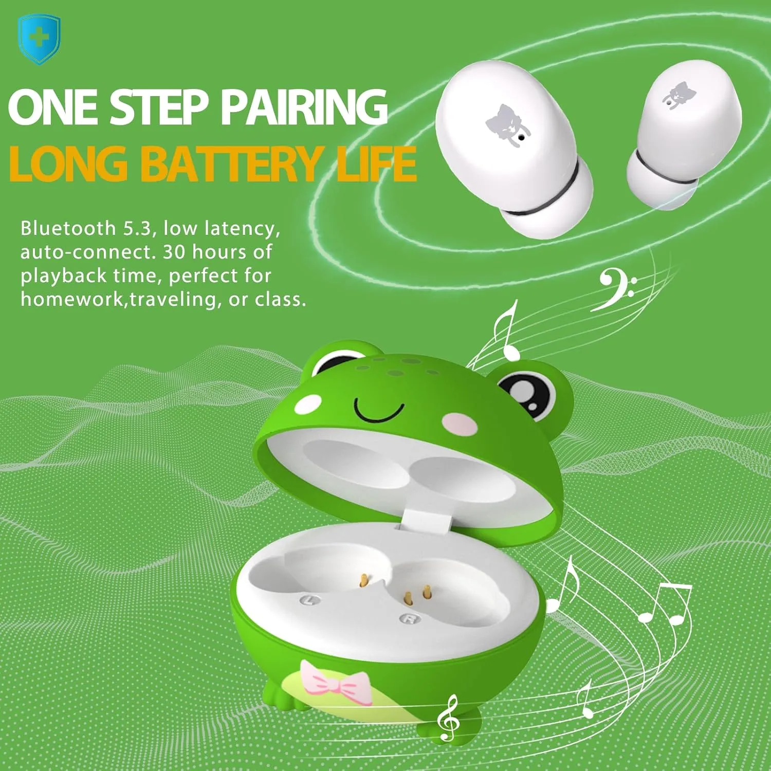 Frog Wireless Earbuds for Kids - 85dB Volume Limit, 30H Playtime, Bluetooth Headphones with Mic, Fast Charging, Small Ear Buds for iPad/Tablet/Travel/School