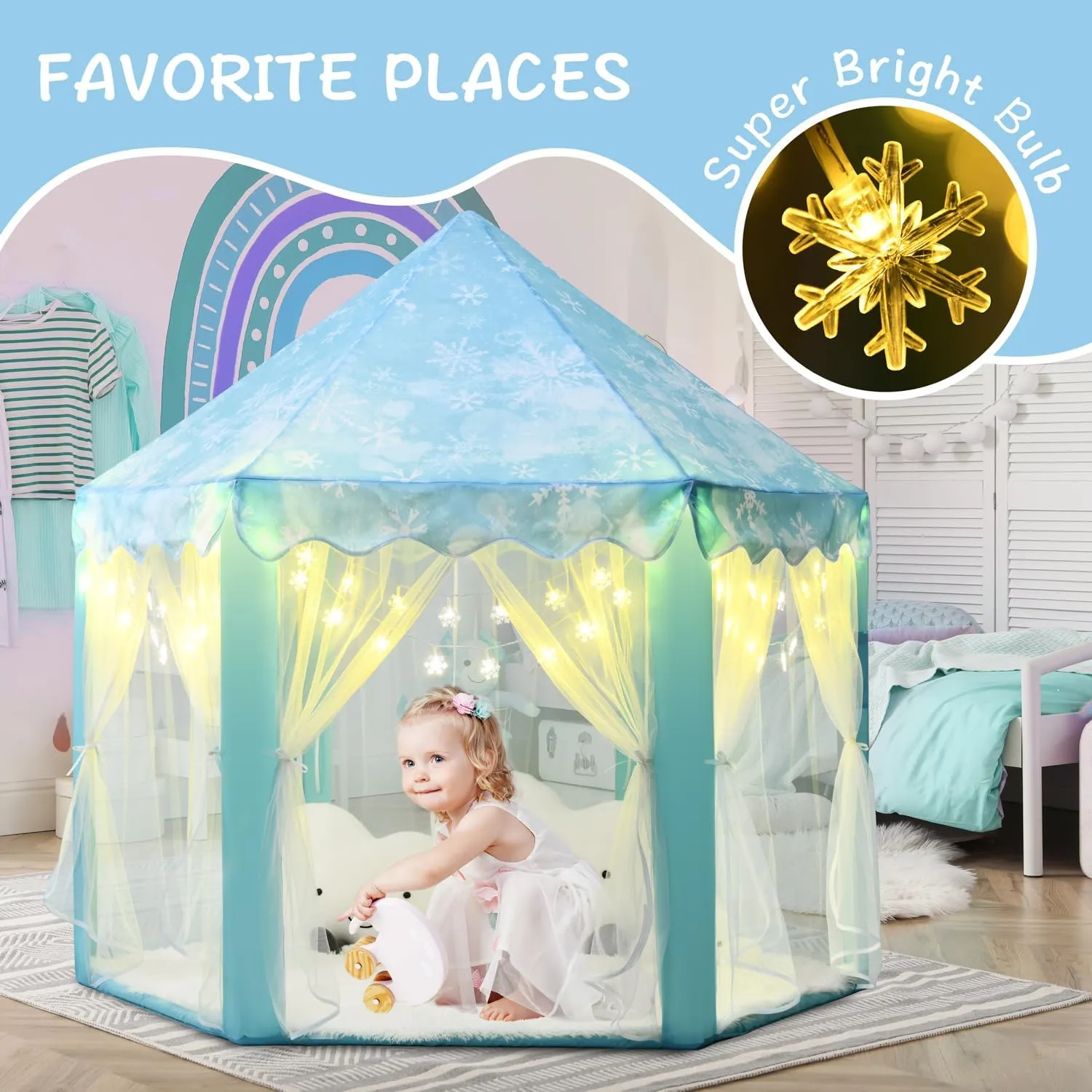 Frozen Princess Tent for Girls, Kids Play Tent with LED Small Snowflake Lights, Castle Playhouse Tent for Children Toddlers Indoor Outdoor Games, 55×53 Inches