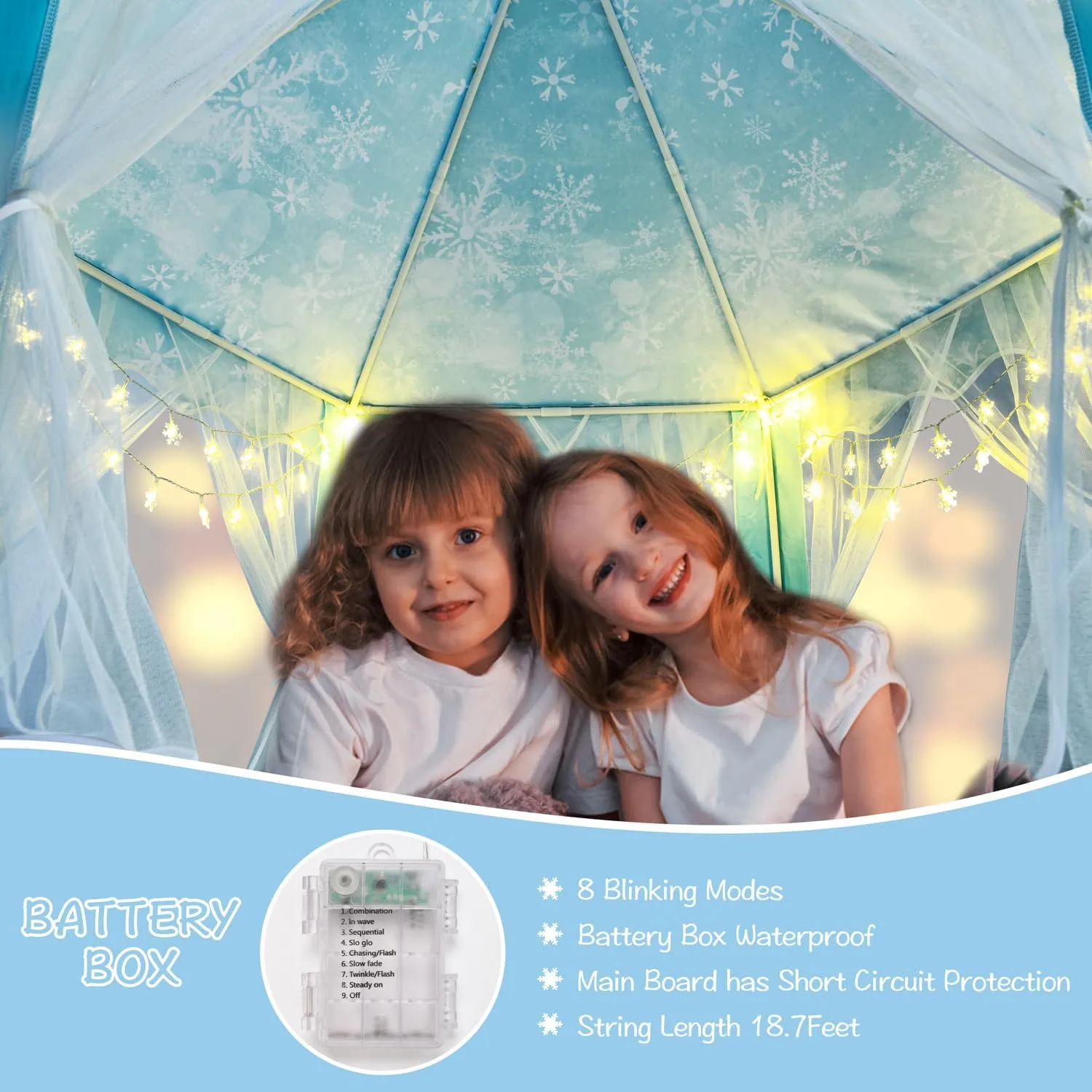 Frozen Princess Tent for Girls, Kids Play Tent with LED Small Snowflake Lights, Castle Playhouse Tent for Children Toddlers Indoor Outdoor Games, 55×53 Inches