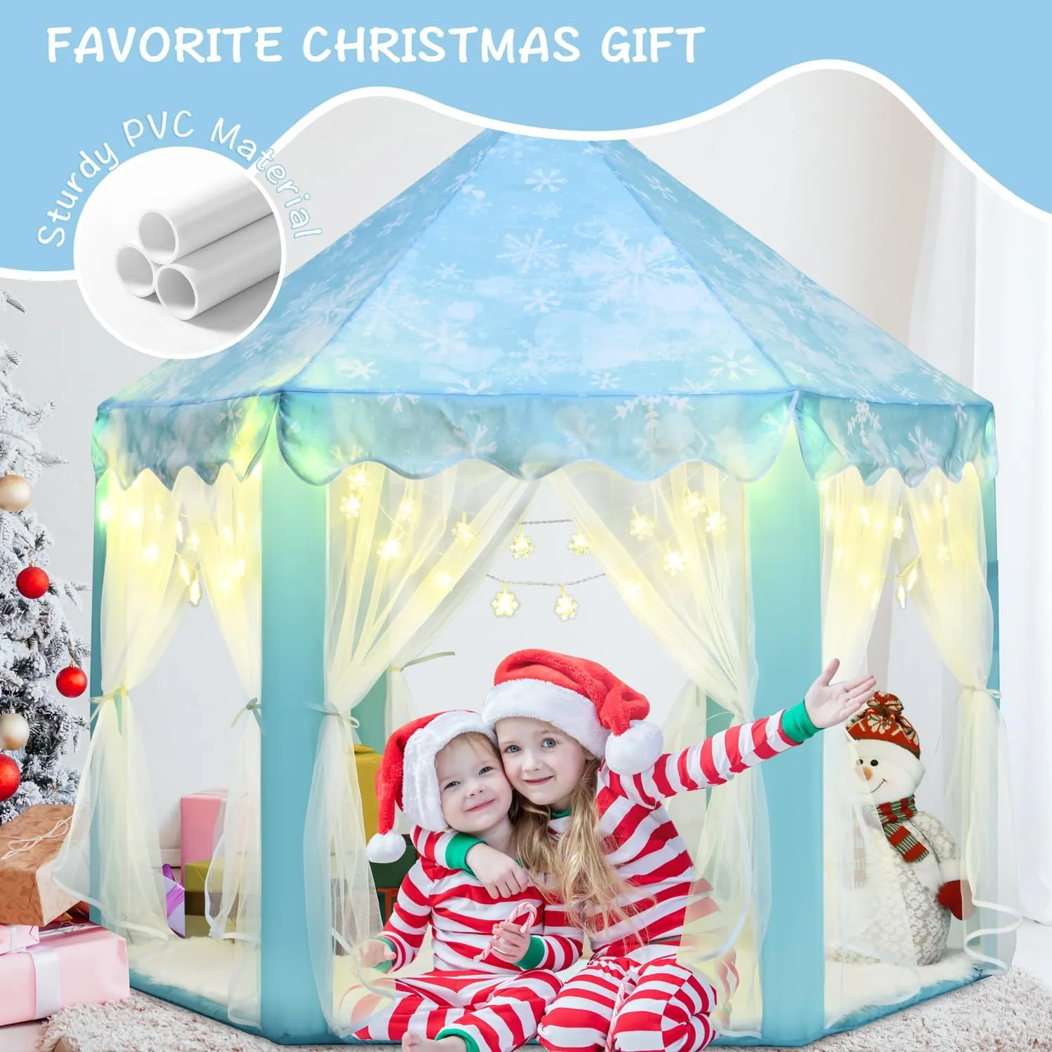 Frozen Princess Tent for Girls, Kids Play Tent with LED Small Snowflake Lights, Castle Playhouse Tent for Children Toddlers Indoor Outdoor Games, 55×53 Inches