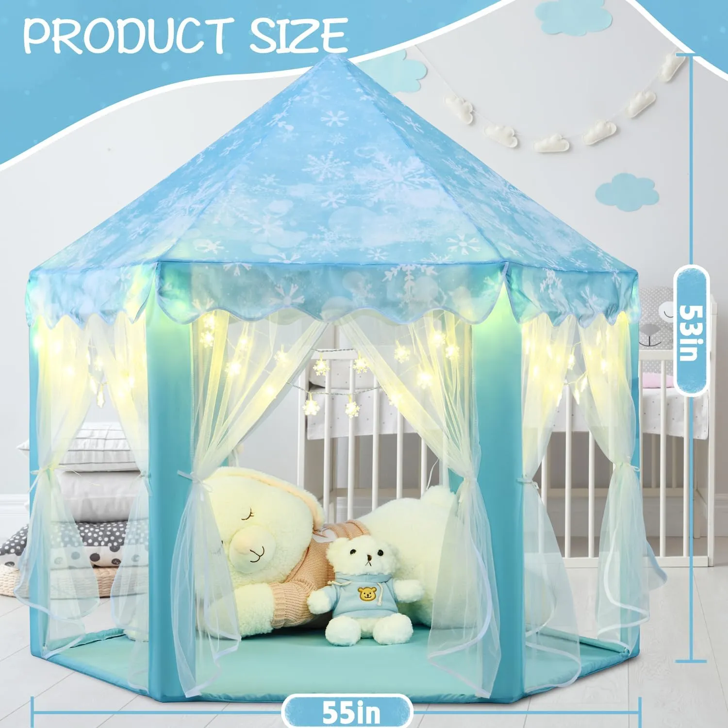 Frozen Princess Tent for Girls, Kids Play Tent with LED Small Snowflake Lights, Castle Playhouse Tent for Children Toddlers Indoor Outdoor Games, 55×53 Inches