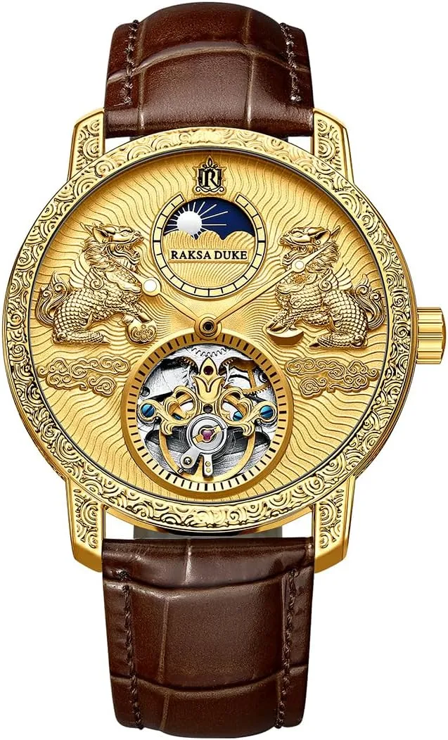 Fully Automatic Mechanical Watch Men's Watch 3D Carved Hollow Tourbillon Moon Phase Display Waterproof Night Light Mechanical Watch