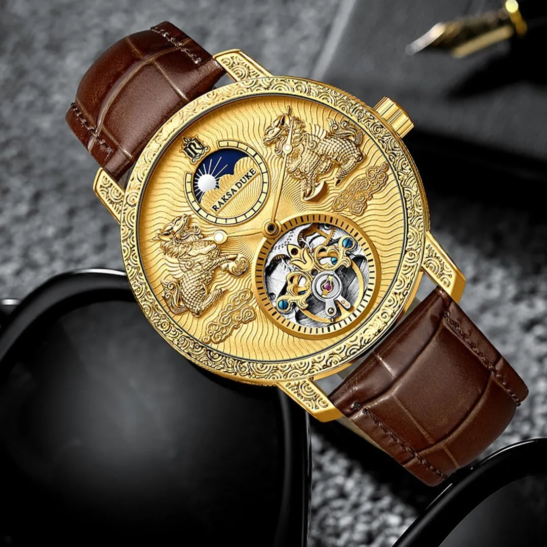 Fully Automatic Mechanical Watch Men's Watch 3D Carved Hollow Tourbillon Moon Phase Display Waterproof Night Light Mechanical Watch