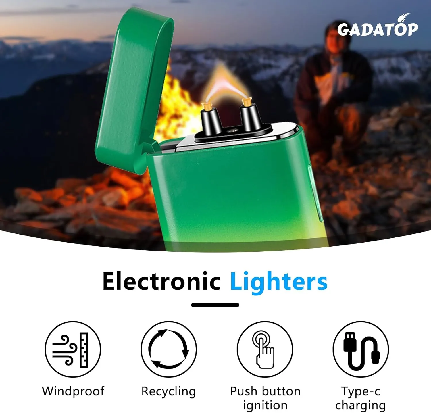 GADATOP Electric Lighter Rechargeable Lighter Arc Plasma Lighter Flameless Lighter Outdoor Windproof Lighter Colorful Gradient Lighter with Rhythmic Flashing Battery Indicator (Yellow-Green Gradient)