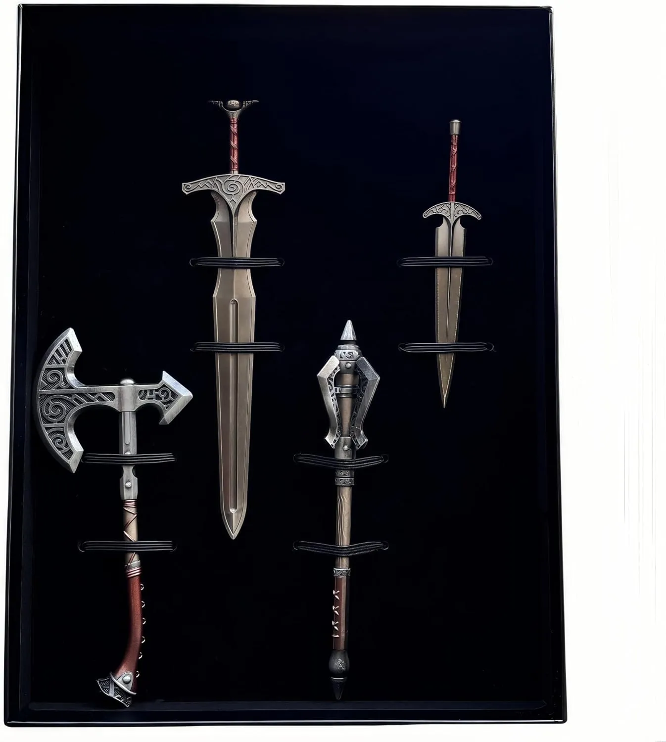 Game Set of 4 Skyrim Weapon Box Metal Knife Steel Sword Skyforged Axe Mace Dagger Knife Collection Cosplay Prop Backpack Decoration Desktop Decoration