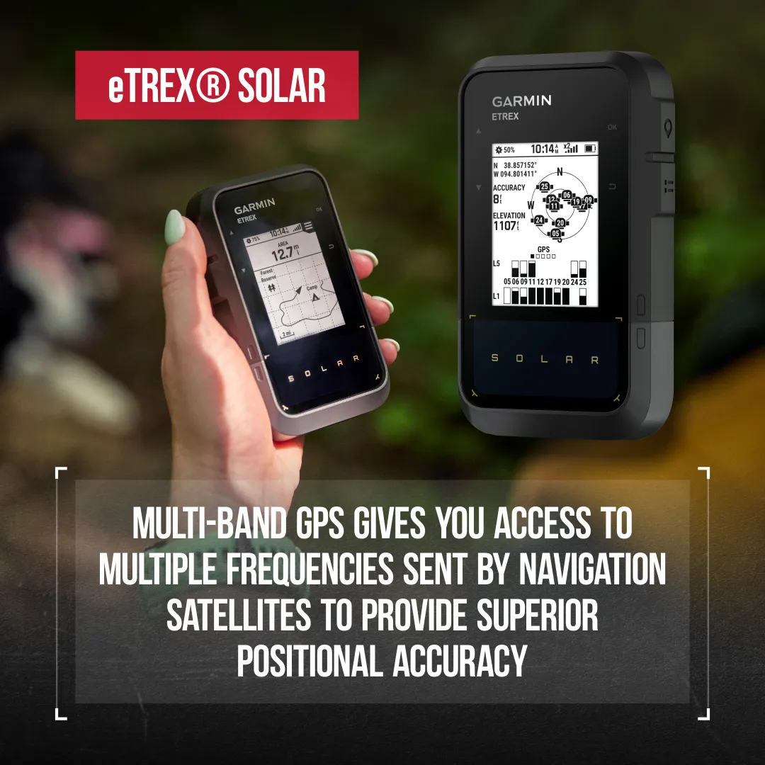 Garmin eTrex Solar, GPS Handheld Navigator, Unlimited Battery Life, Water Resistant with Wearable4U Power Bank Bundle