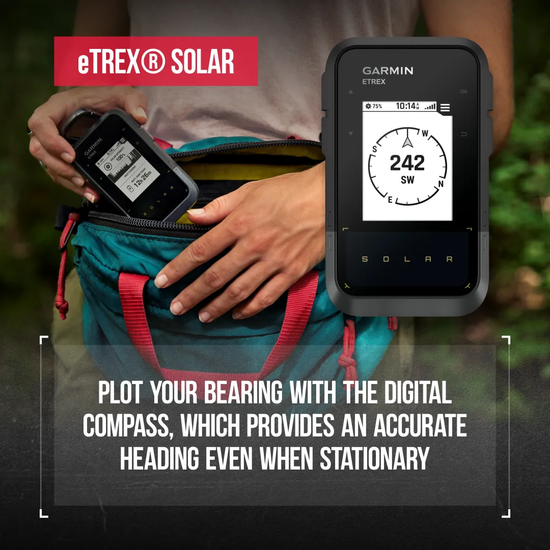 Garmin eTrex Solar, GPS Handheld Navigator, Unlimited Battery Life, Water Resistant with Wearable4U Power Bank Bundle