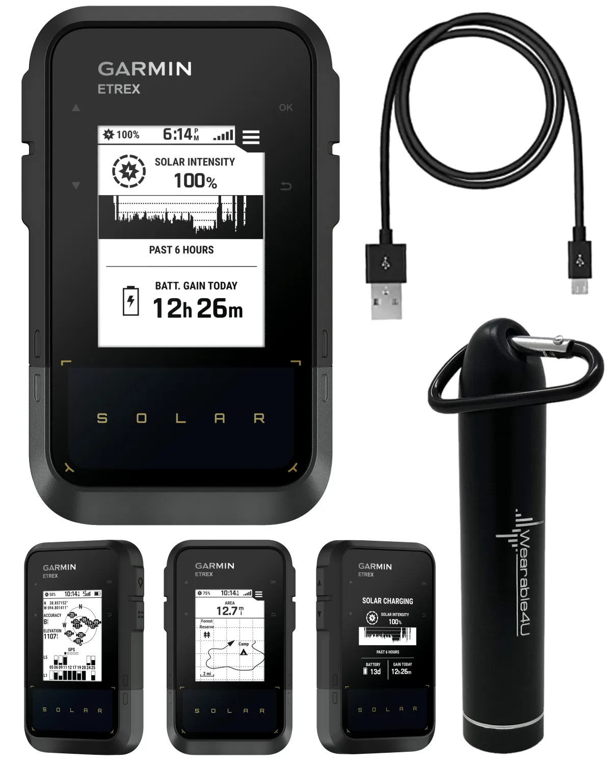 Garmin eTrex Solar, GPS Handheld Navigator, Unlimited Battery Life, Water Resistant with Wearable4U Power Bank Bundle