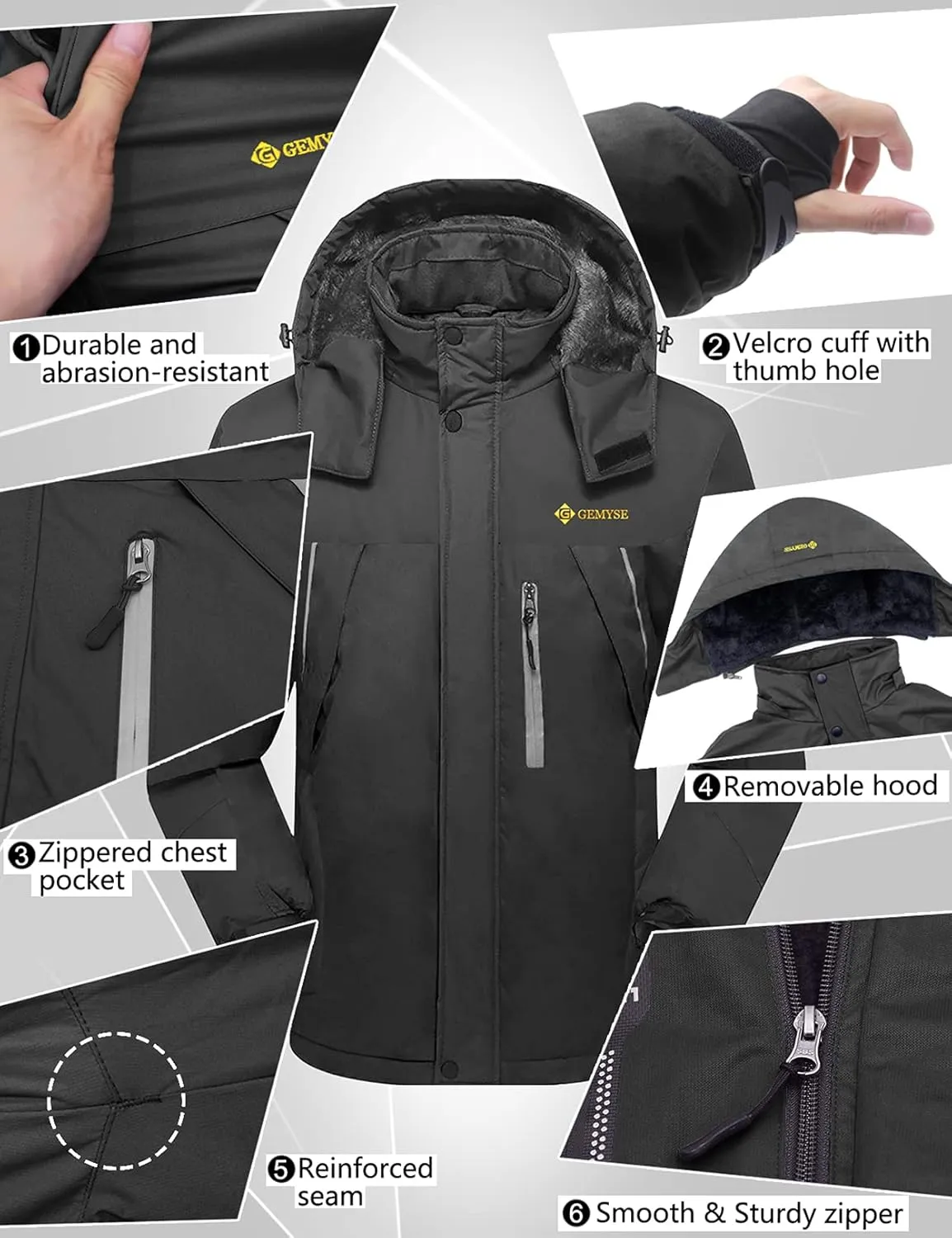 GEMYSE Men's Windproof Ski Jacket Warm Raincoats Snowboarding Hooded Parka With Multi-Pockets