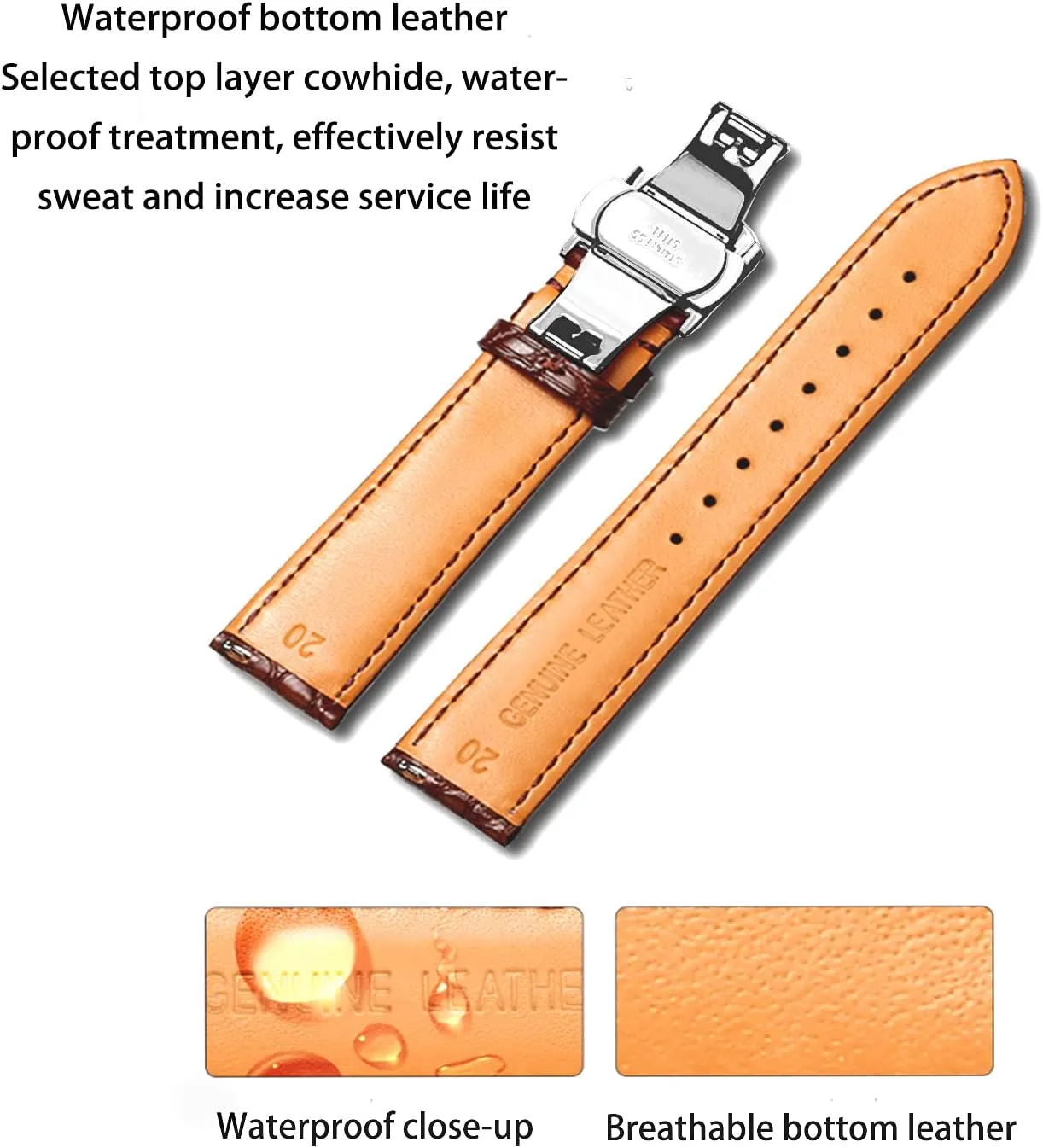 Genuine Leather Band Alligator and Cowhide Replacement Deployment Buckle Watch strap18mm to 24mm Crocodile Leather Strap for Men's and Women's