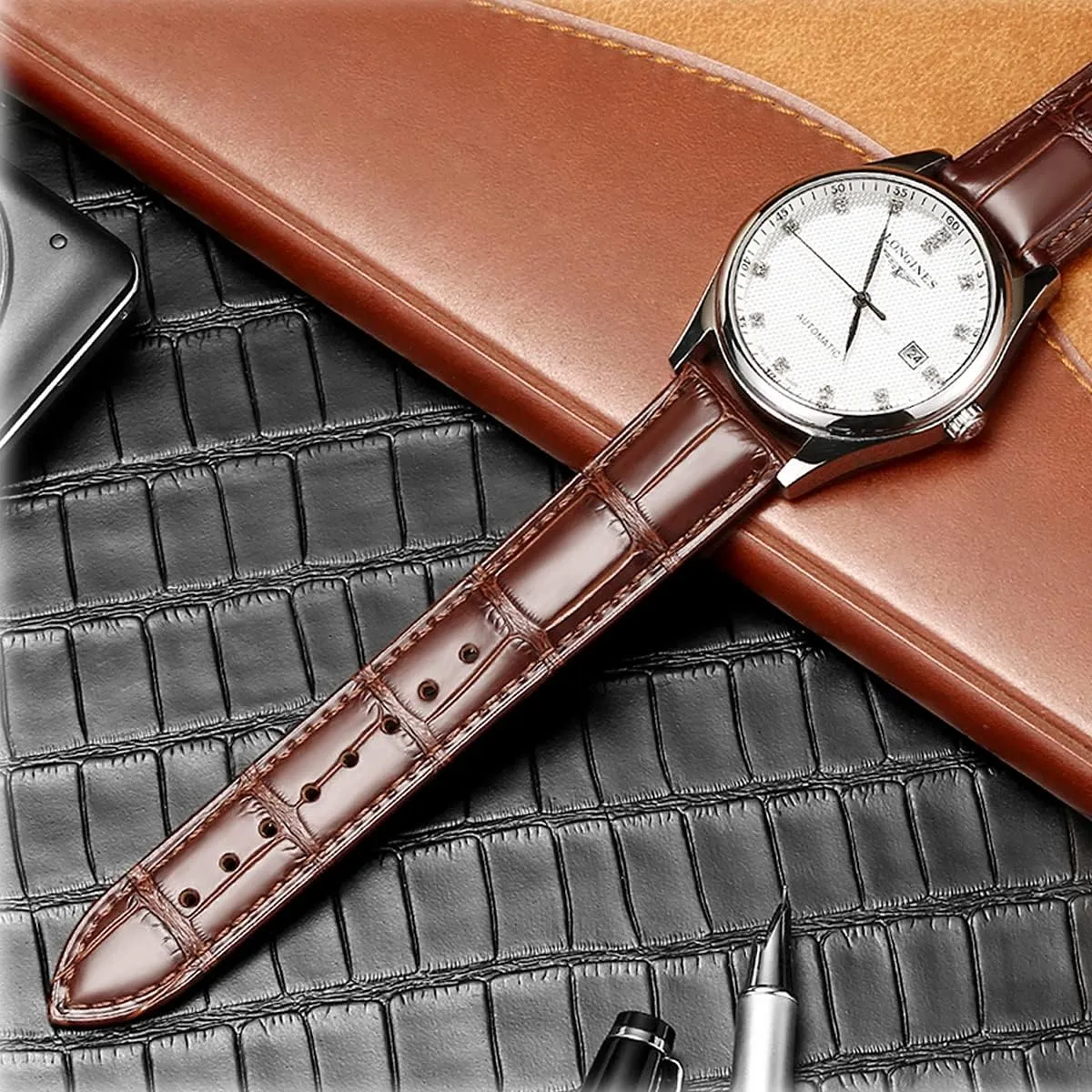 Genuine Leather Band Alligator and Cowhide Replacement Deployment Buckle Watch strap18mm to 24mm Crocodile Leather Strap for Men's and Women's