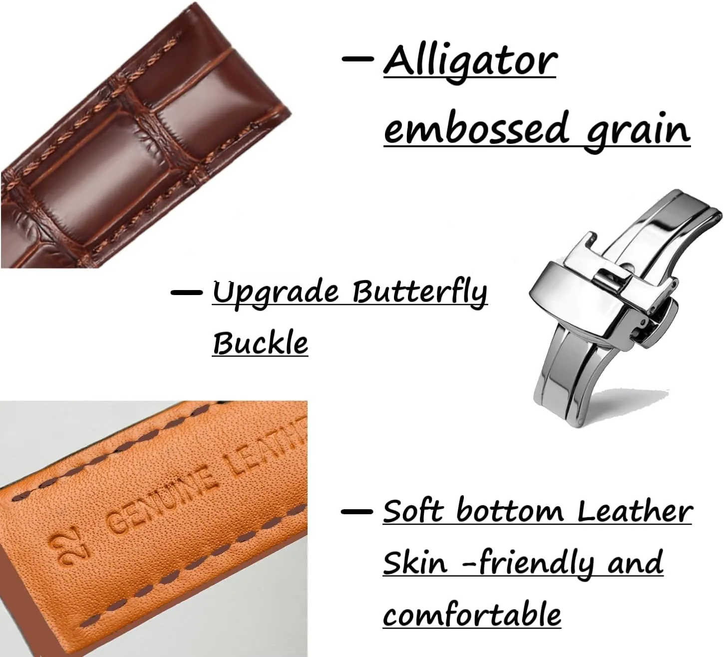 Genuine Leather Band Alligator and Cowhide Replacement Deployment Buckle Watch strap18mm to 24mm Crocodile Leather Strap for Men's and Women's