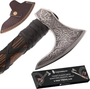 Genuine Viking Bearded Axe - 1095 Carbon Steel, 55-58 RC Hardness - Includes Leather Cover, 21.6 Inches
