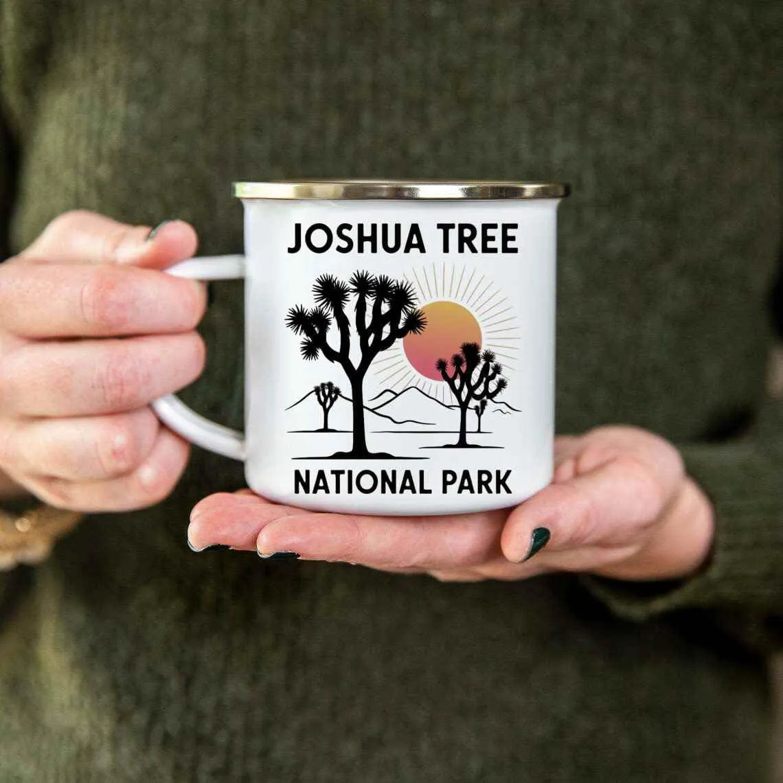 Gift Design Idea Vintage - Outdoor Camping - Family Trip - Desert Sunset - Gift for School Trip, National Park Souvenir, 12 Oz White Stainless Steel Camping Mug
