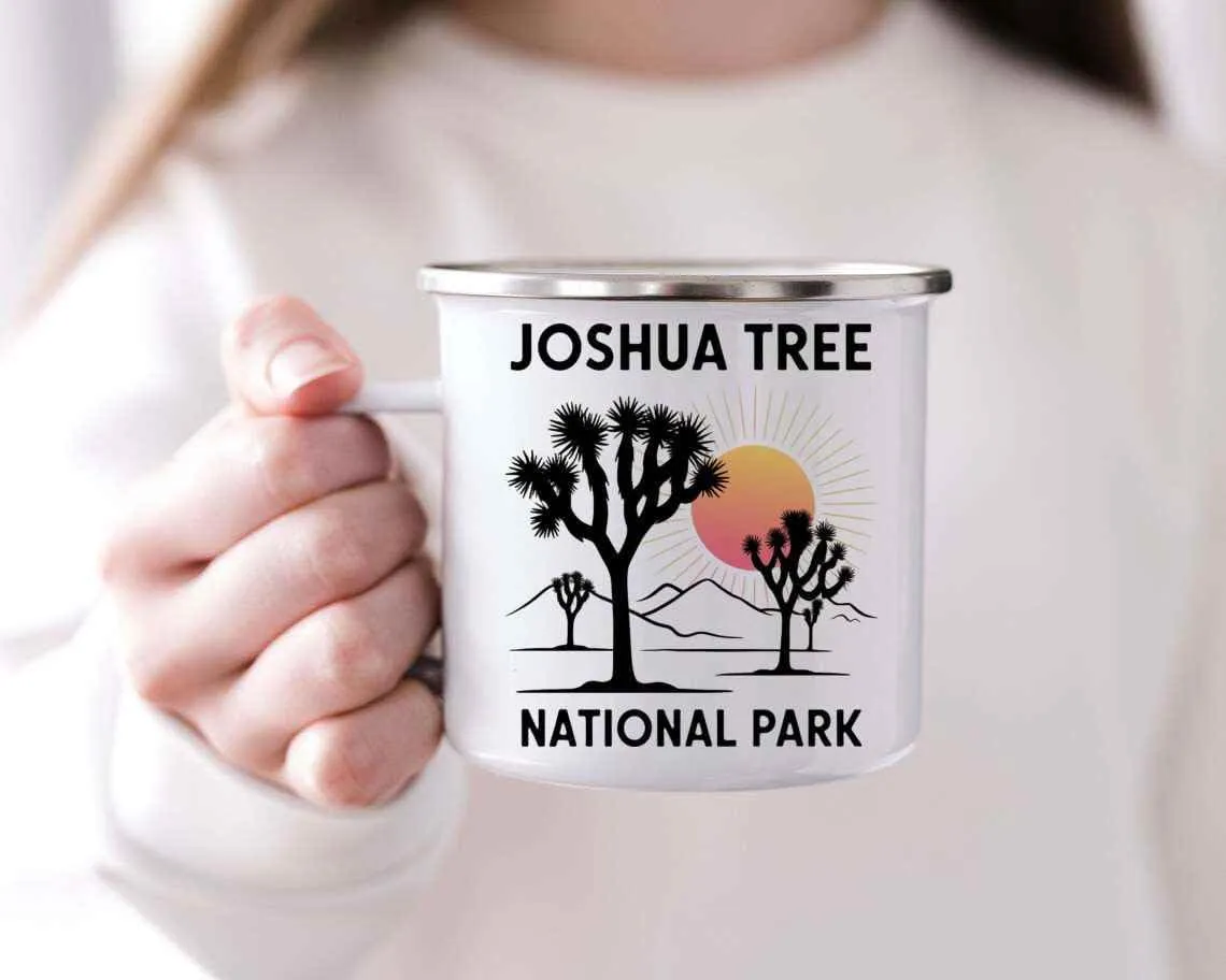 Gift Design Idea Vintage - Outdoor Camping - Family Trip - Desert Sunset - Gift for School Trip, National Park Souvenir, 12 Oz White Stainless Steel Camping Mug