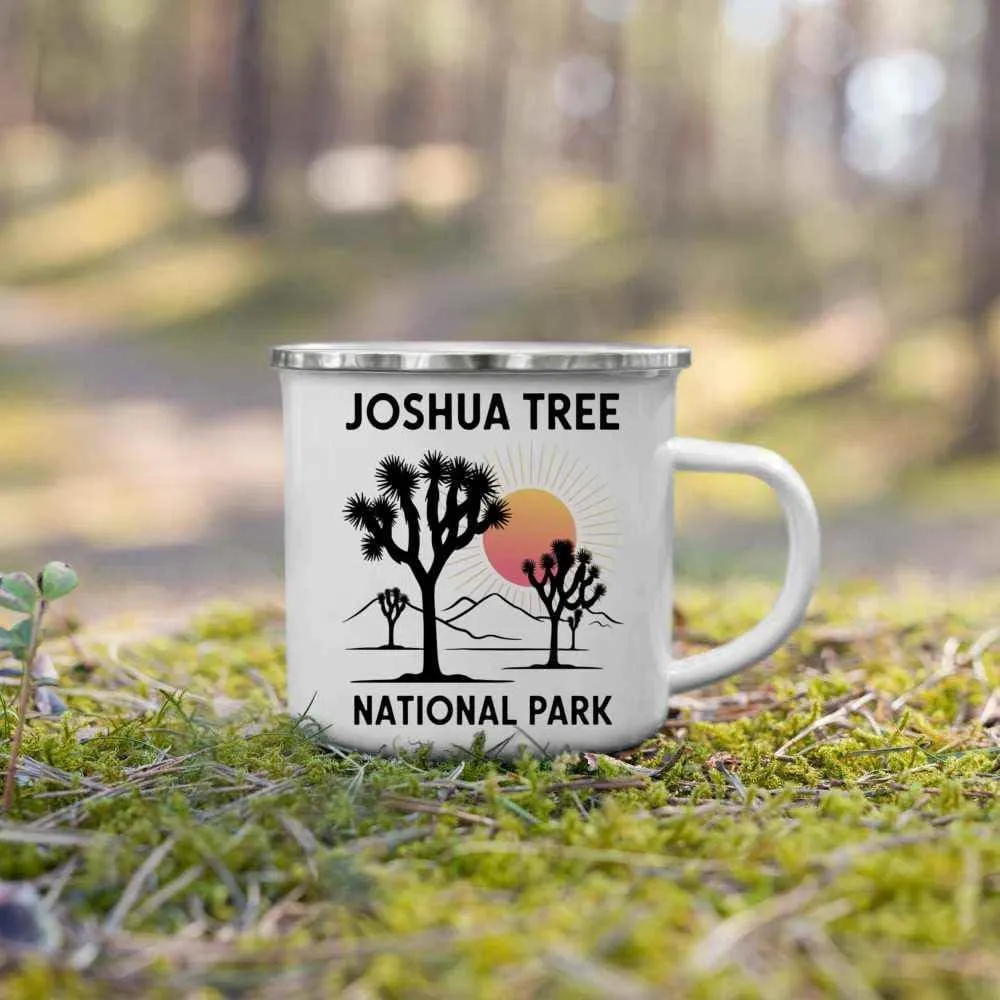 Gift Design Idea Vintage - Outdoor Camping - Family Trip - Desert Sunset - Gift for School Trip, National Park Souvenir, 12 Oz White Stainless Steel Camping Mug