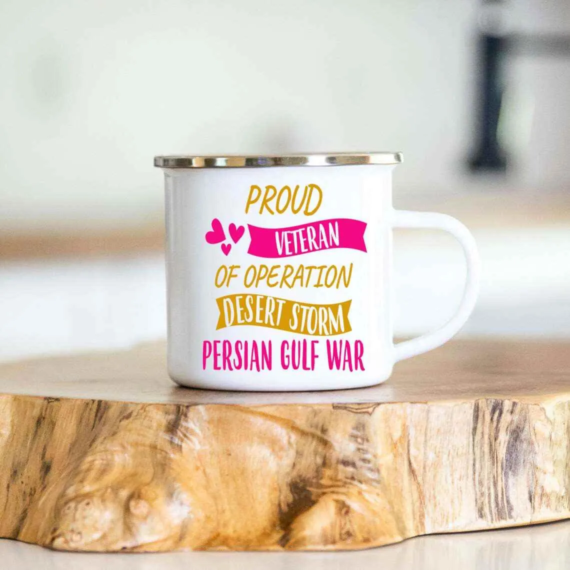 Gift Idea Inspirational Gift for Veterans Day, Commemorate Desert Storm - 12 Oz White Stainless Steel Camping Mug