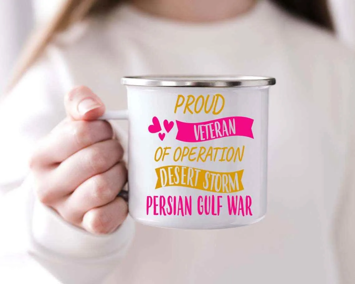 Gift Idea Inspirational Gift for Veterans Day, Commemorate Desert Storm - 12 Oz White Stainless Steel Camping Mug